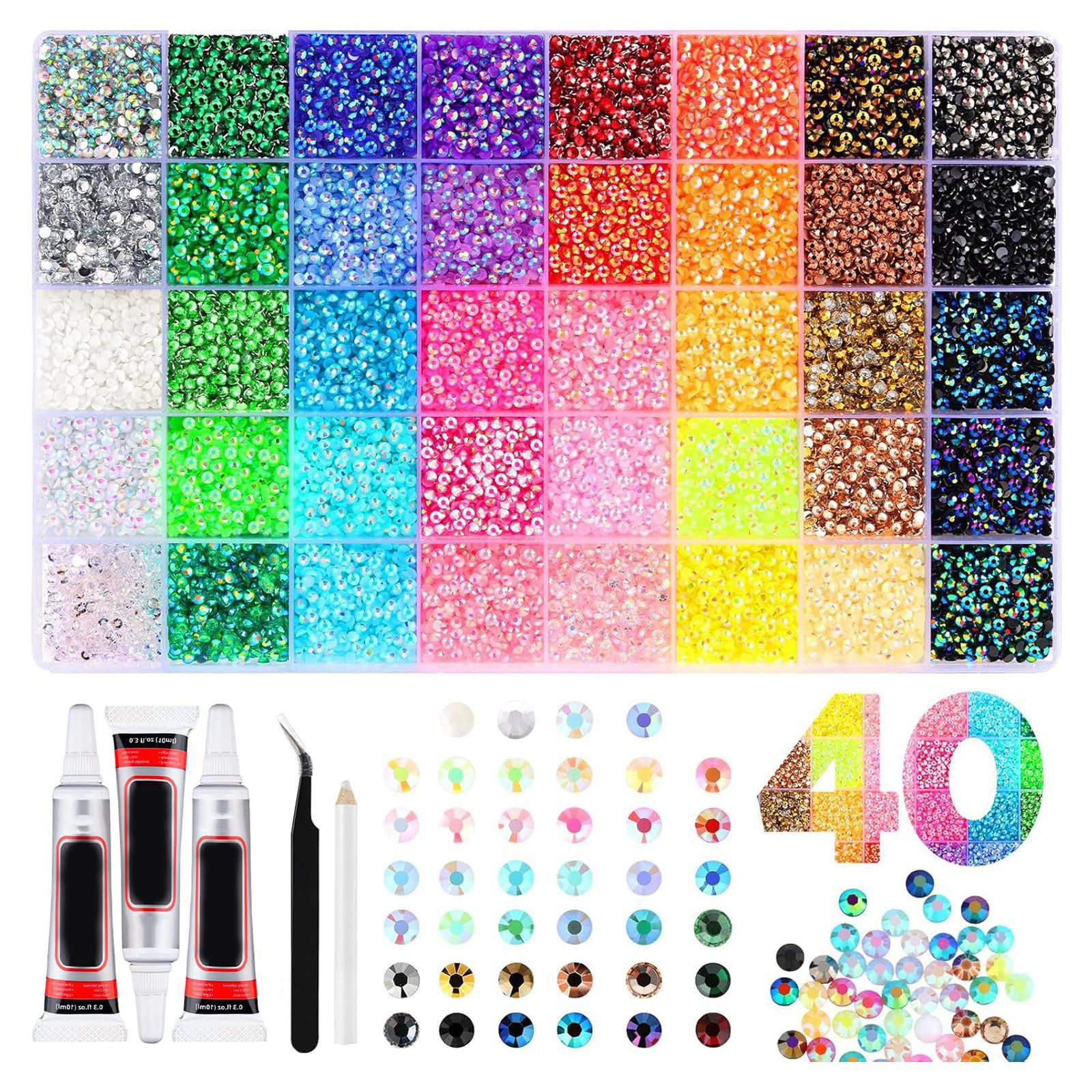 Zaewry Kreativset Bedazzler Kit mit Kleber – 40 Farben 3 mm Resin Strasssteine, (40-tlg), DIY Nail Art & Bastelset für Nägel, Make-up & Handwerk