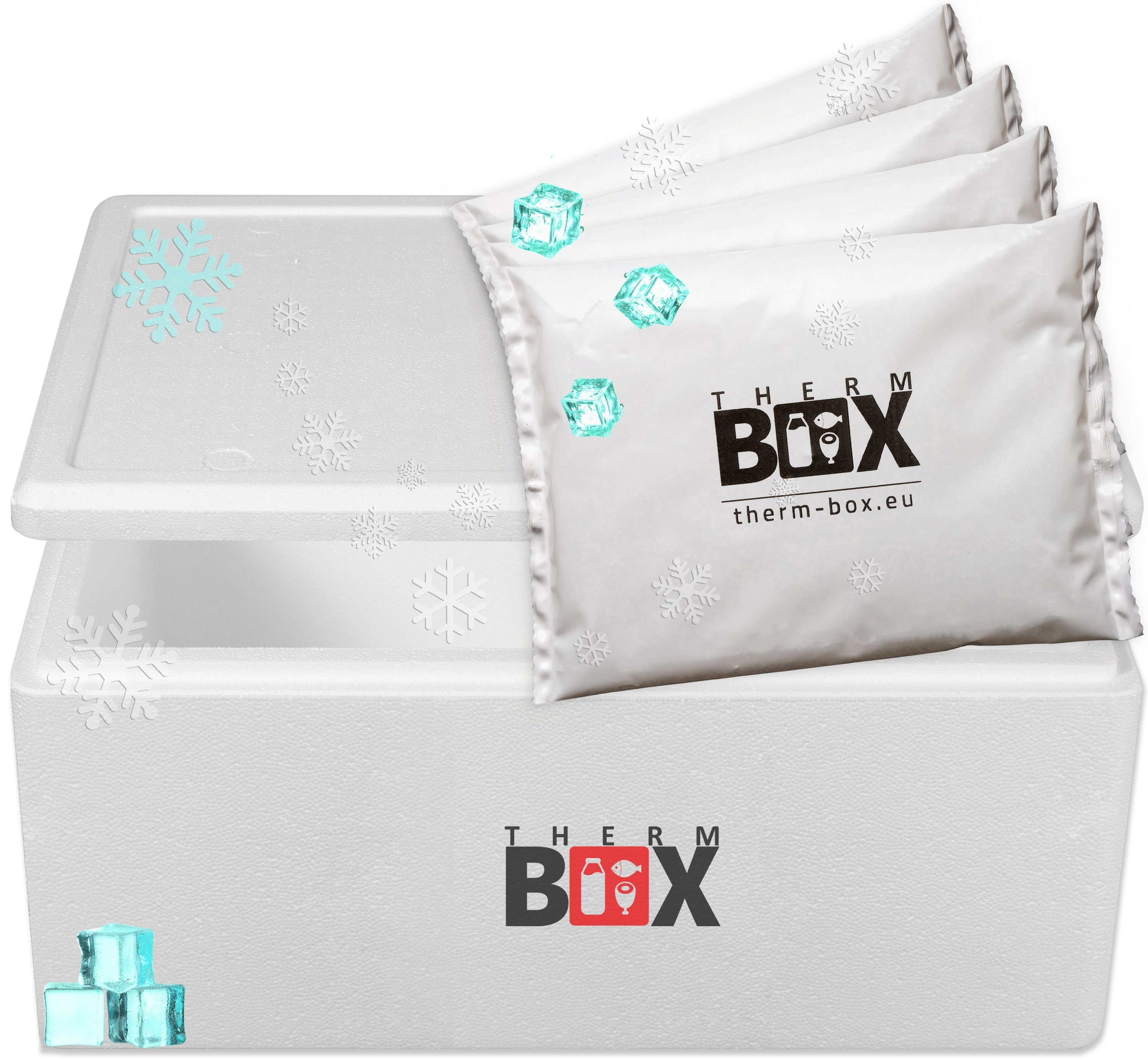 THERM-BOX Thermobehälter Styroporbox mit Thermbox mit 38L Transportbox Styropor-Verdichtet, Kühlbox Kühlkissen, 4 Kühlakku (0-tlg., Wiederverwendbar 38W Kühlkissen), Innen:53x33x21cm