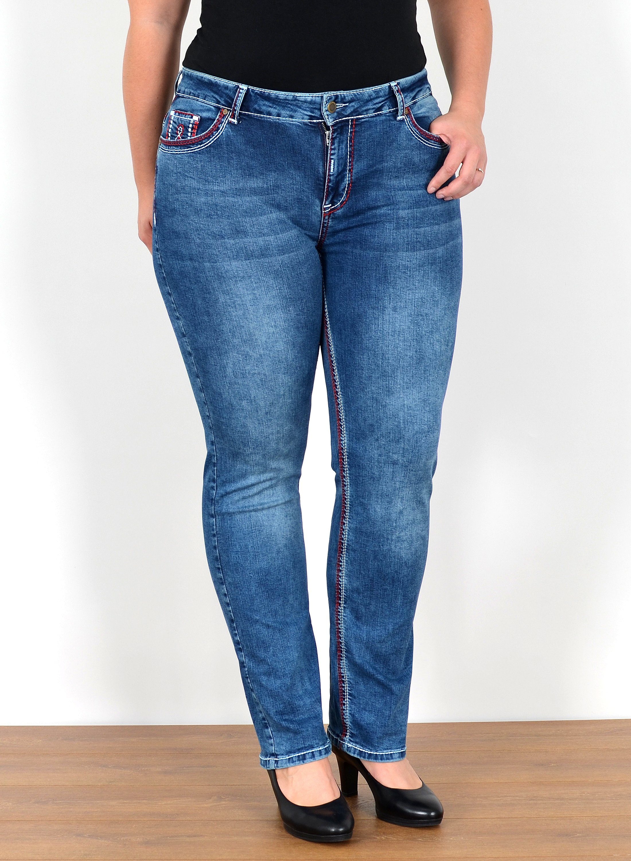 ESRA Straight-Jeans FG12 High Hoch Damen High Regular Damen Jeans Straight Hose Stretch Hose, bis Jeanshose Gerade bis Naht Waist Jeans Damen Plus Waist, bis Damen Damen Straight dicken hohe Straight Bund Blau mit High Damen Waist Nähten, dicke Waist Size, Große Jeans Jeans Hose Leibhöhe Jeans Damen Hose Naht Hose Jeans High Naht Fit Jeans Kontrastnähte weiße rote Straight Jeans Größe, Hose Schnitt Übergröße