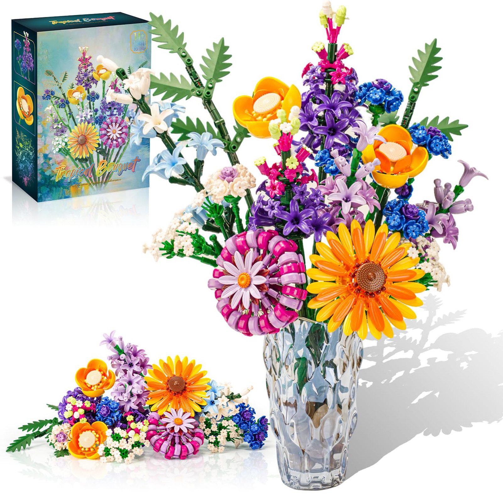 Bundviel Künstliche Blumen Bau-Set Blumentopf-Set Spielzeug Flowers Bausteinen Spielbausteine, (Set, 1183 St)