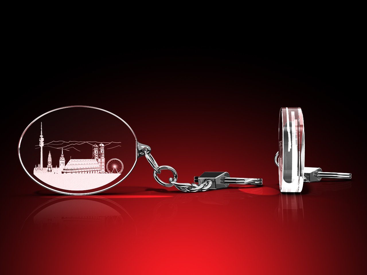 GLASFOTO.COM Schlüsselanhänger mit Gravur München Silhouette - Schlüsselanhänger oval, 40 x 30 x 7 mm (B x H x T)