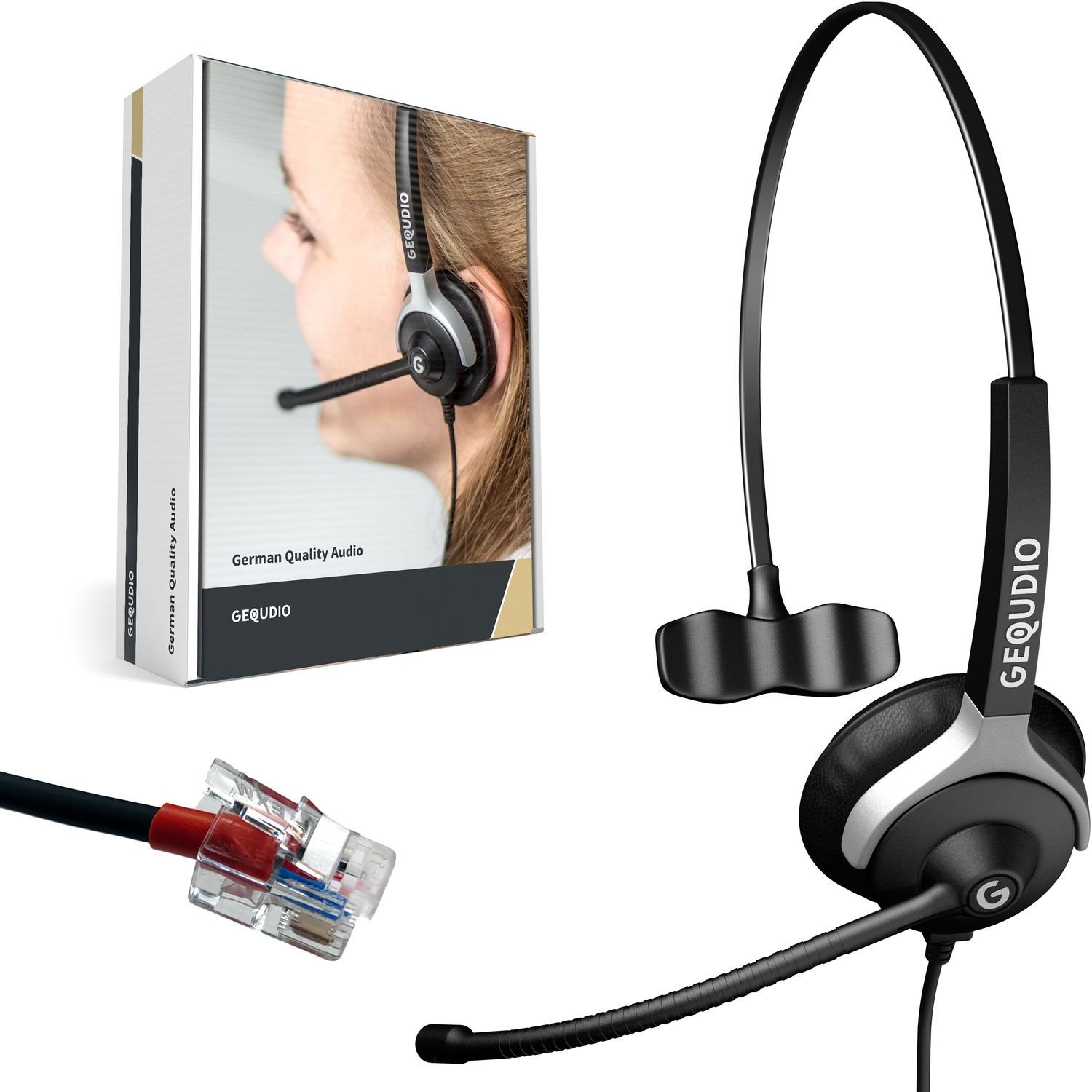 GEQUDIO für Yealink, Snom, Avaya, Grandstream Телефоны mit RJ-Anschluss Headset (1-Ohr-Headset, 60g leicht, Bügel aus Federstahl, mit Wechselverschluss für mehrere Endgeräte, inklusive Anschlusskabel)