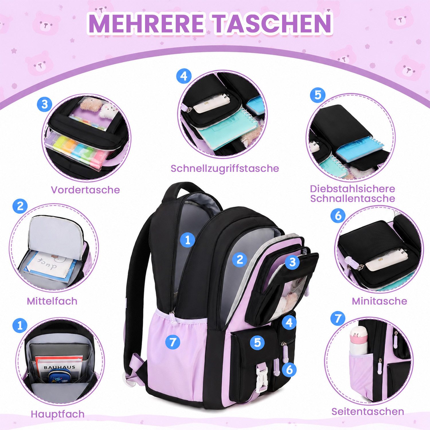 MOPUEA Schulrucksack Atmungsaktiv Schulrucksack Rucksack Schultasche Kawaii Büchertasche (Mit 3 süßen Anhängern), Turnbeutel Lässiger Schulranzen Jungen Teenage – Bild 3 von 5
