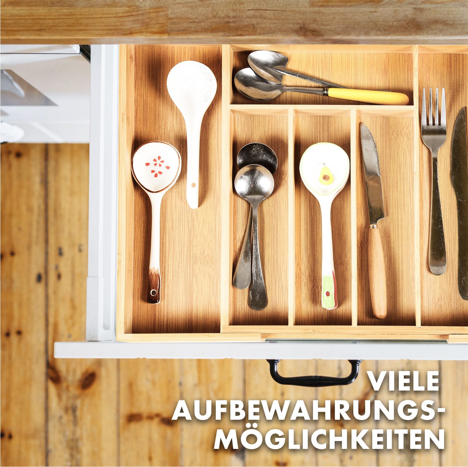 Kubus Besteckkasten Harmony aus Bambus, Geeignet für die meisten Schubladengrößen, Verstellbarer und nachhaltiger Organizer – Bild 5 von 5