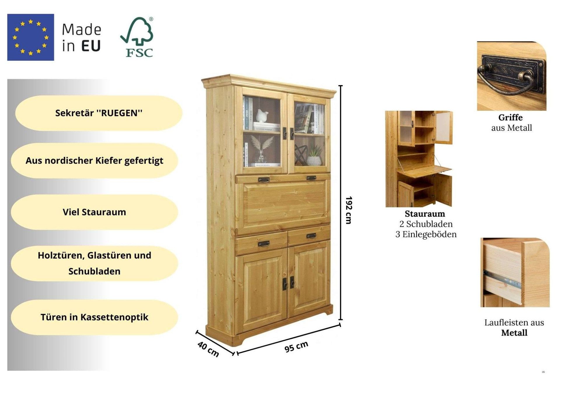 OTTO home Sekretär Rügen, aus massiver Kiefer, Breite 94 cm, made in EU