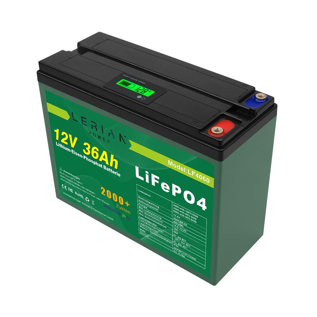 LERIAN POWER LiFePO4 Akku 12V 36Ah 30A LFP Batterie für Camping Boot Solar Akku