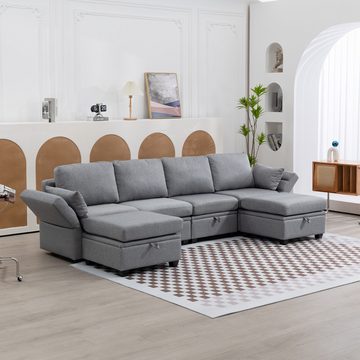 HAUSS SPLOE Sofa U-förmigen Sofa mit Lagerung Gespleißtes sofa extra breite Liegesofa, casual Splicing kann als Doppelbettsofa verwendet werden, Armlehnen ausklappbarer Leinenstoff, extra breites Schlafsofa für das Wohnzimmer