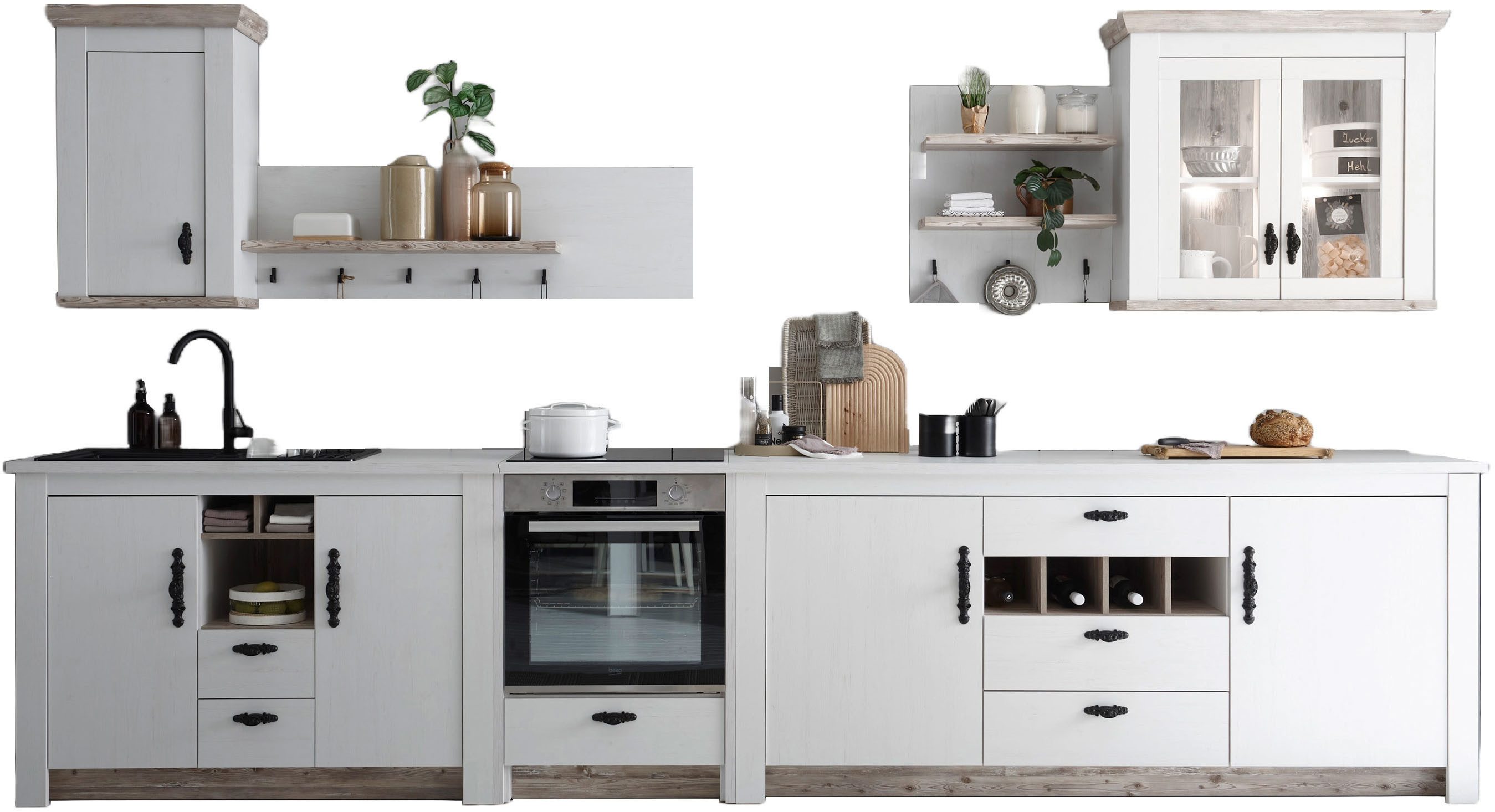Home affaire Кухніzeile Florenz, Küche in Pinie Weiß, mit Herdumbau, ohne E-Geräte, (Set), Breite 394 cm, mit verschnörkelten Metallgriffen, Arbeitshöhe 92 cm