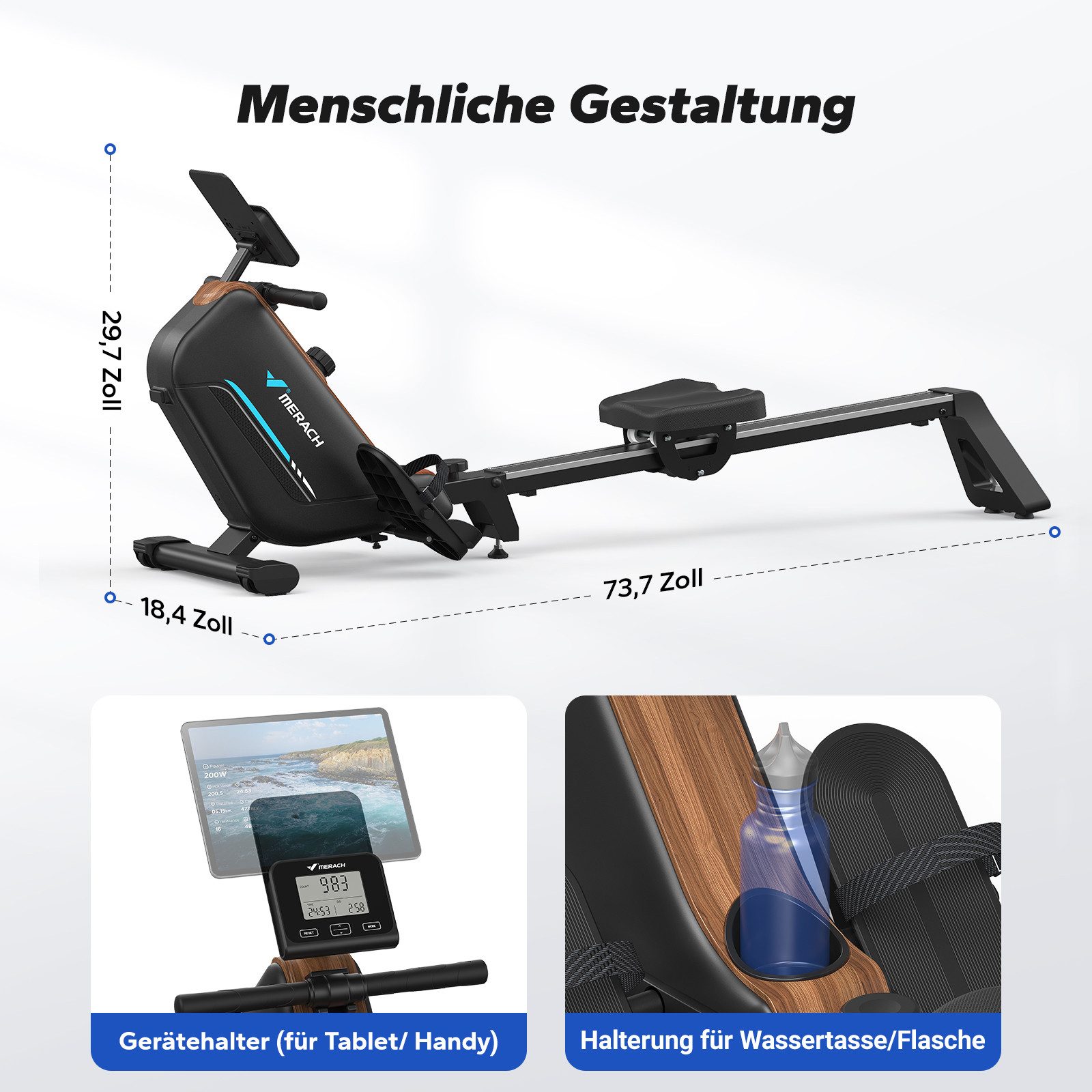 MERACH Rudergerät für Zuhause, Fitnessgeräte mit 16 Widerstandsstufen (Rudermaschine mit Bluetooth-Verbindung, klappbares Design, Kompatibel mit Kinomap, Tablet- und Flaschenhalter, LCD-Anzeige), Leise, Schnelle Montage, platzsparend, Belastbar bis 158 kg