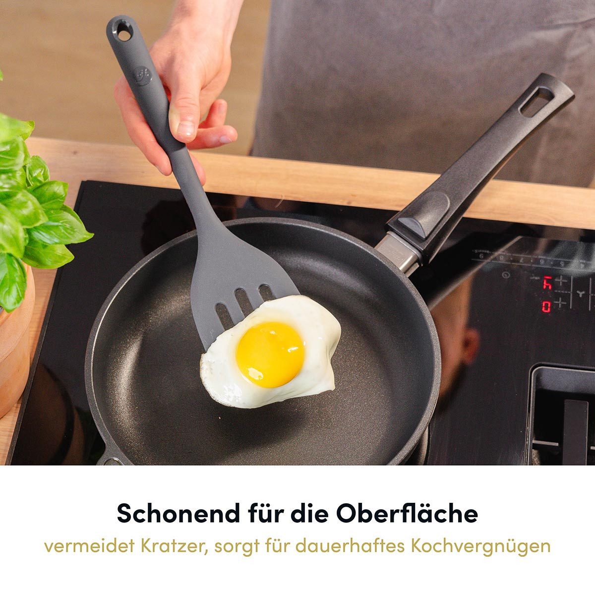 Hoffmann Germany Pfannenwender Küchenhelfer Silikon Edelstahl 30 cm anthrazit, Edelstahlkern, Schlitze, 200°C, spülmaschinenfest