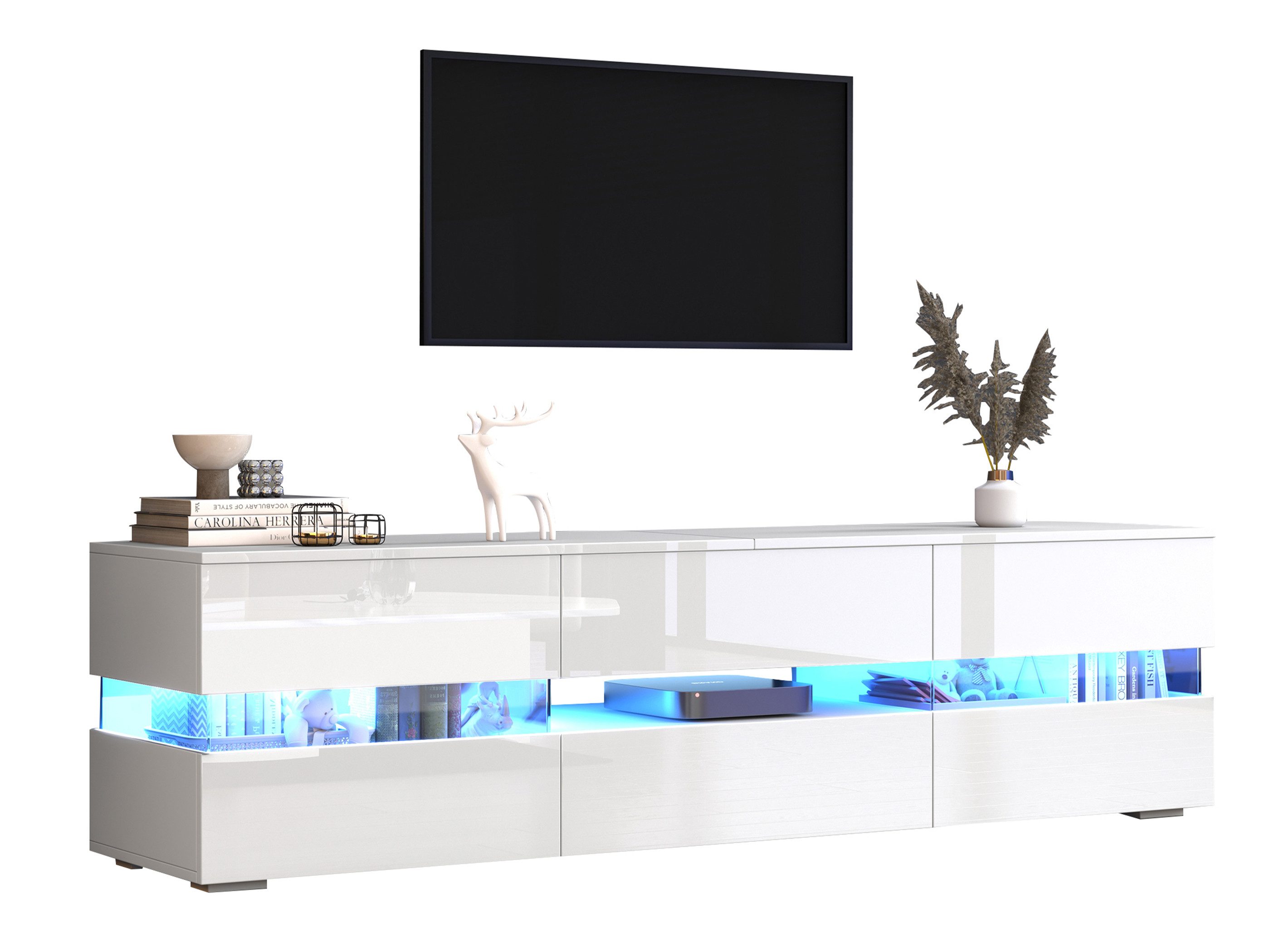 SeedWave Lowboard LED Fernsehschrank mit Hochglänzenden Fronten, Staufächern, Schublade, TV Schrank inkl. Kabeldurchführung, zum Öffnen drucken
