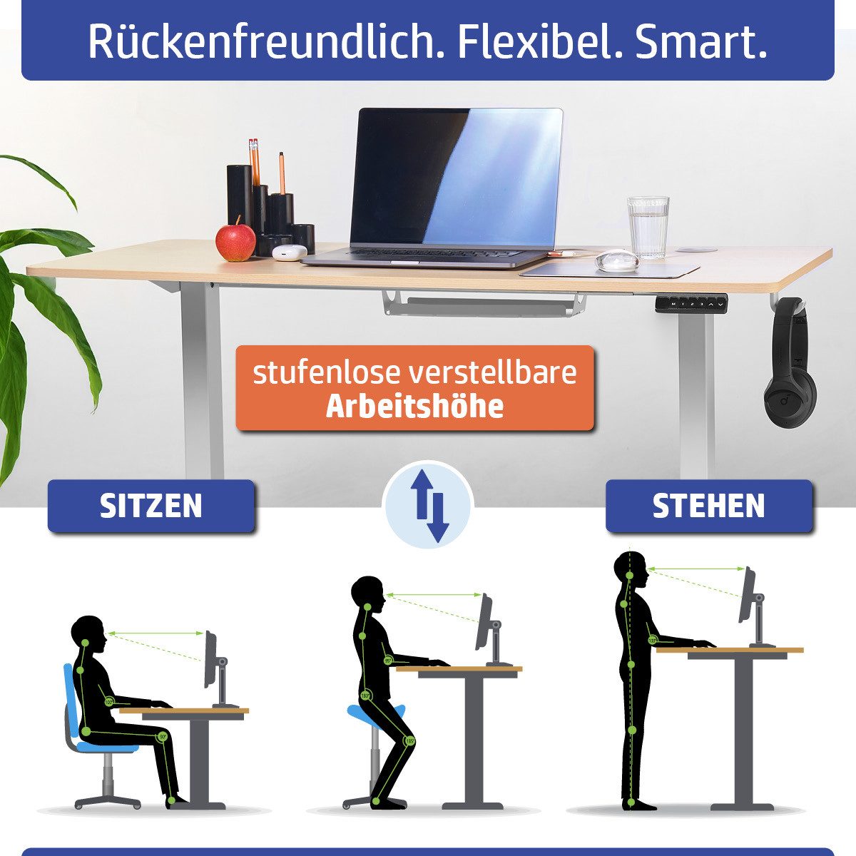 AMBINESS Schreibtisch Höhenverstellbar FlexxPro, 6 Varianten, Durchgehende Arbeitsplatte (Höhenverstellung von 72-119 cm, Inkl. LED-Bedienfeld & Kabeldurchführung), elektrisch stufenlos & ergonomisch