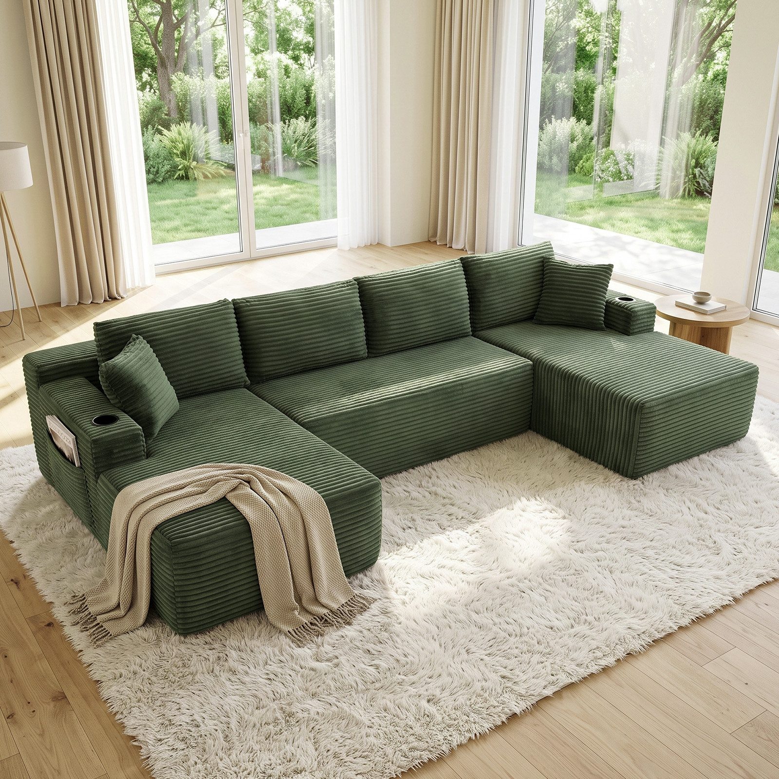 ANYSUN 4-Sitzer Modulares U-förmiges Sofa 339 cm,Cord-Sofa,Ecksofa, U-Form Sofa mit Schlaffunktion, Cord-Schlafsofa mit tiefer Sitzfläche, Ecksofa für Wohnzimmer, Arbeitszimmer, Ferienwohnung, Ruheraum