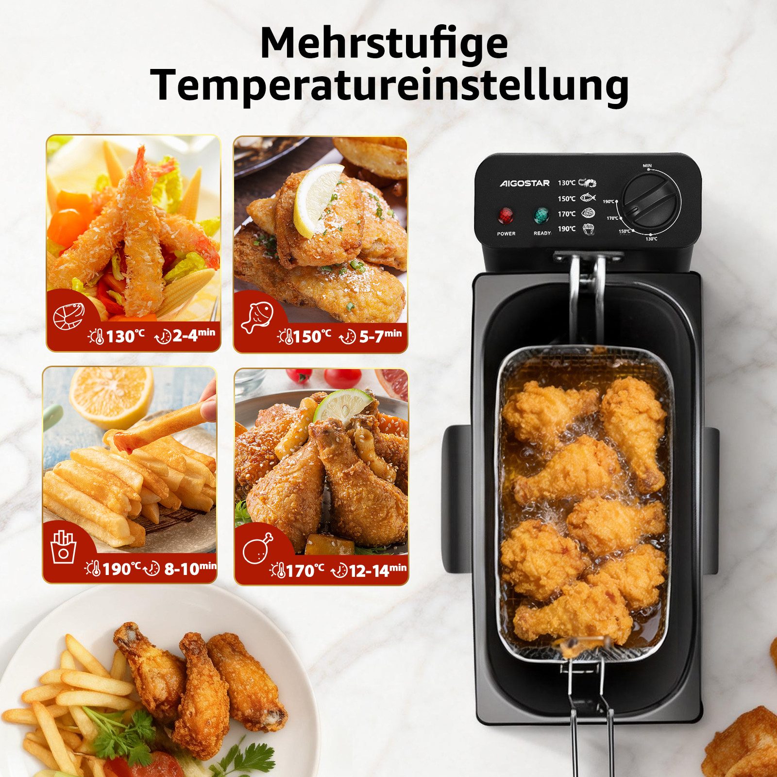 Aigostar Fritteuse Semi-professionelle Fritteuse, Edelstahl, 2200W, 3L
