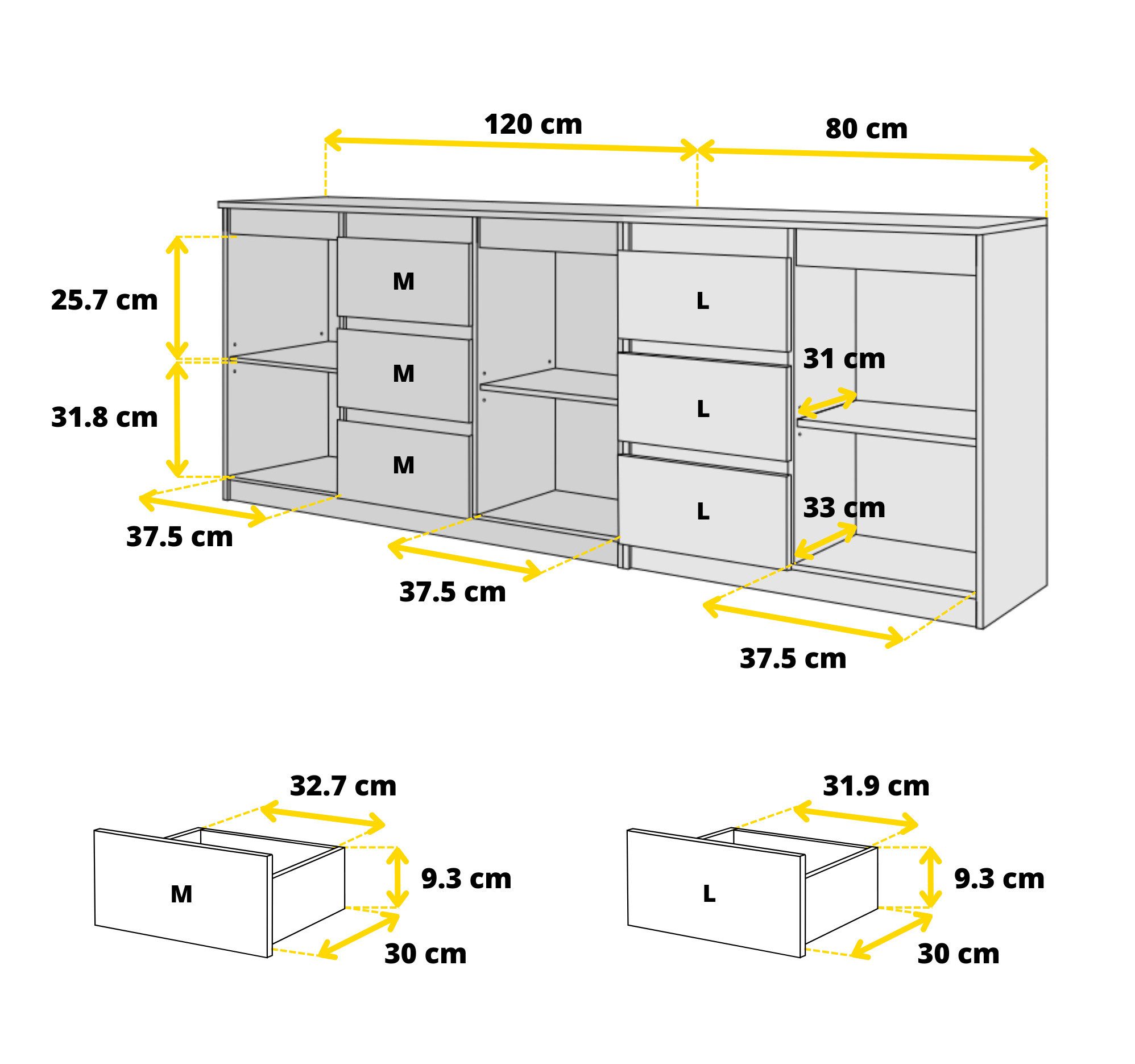 Furnica Kommode Anthrazit 200 cm mit 6 Schubladen und 3 Türen- Wohn-und Schlafzimmer – Bild 5 von 5