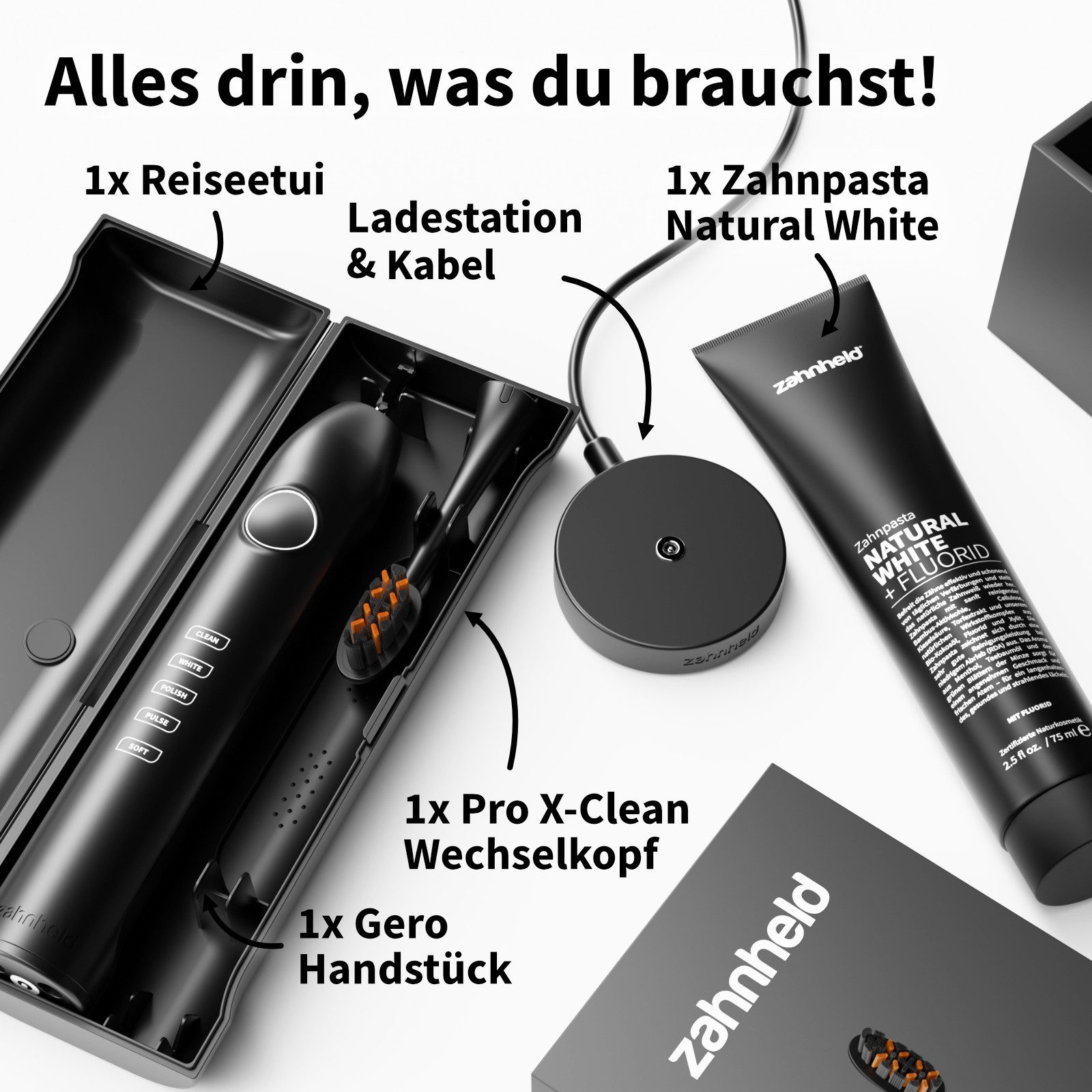 Zahnheld Elektrische Zahnbürste Schallzahnbürste Gero im Set mit Zahnpasta Natural White und Reiseetui, 5 Putzmodi, Zahnpflege Set, schwarz, Mundpflege, Reisezahnbürste, Zahnbürste mit Schall, USB Ladestation
