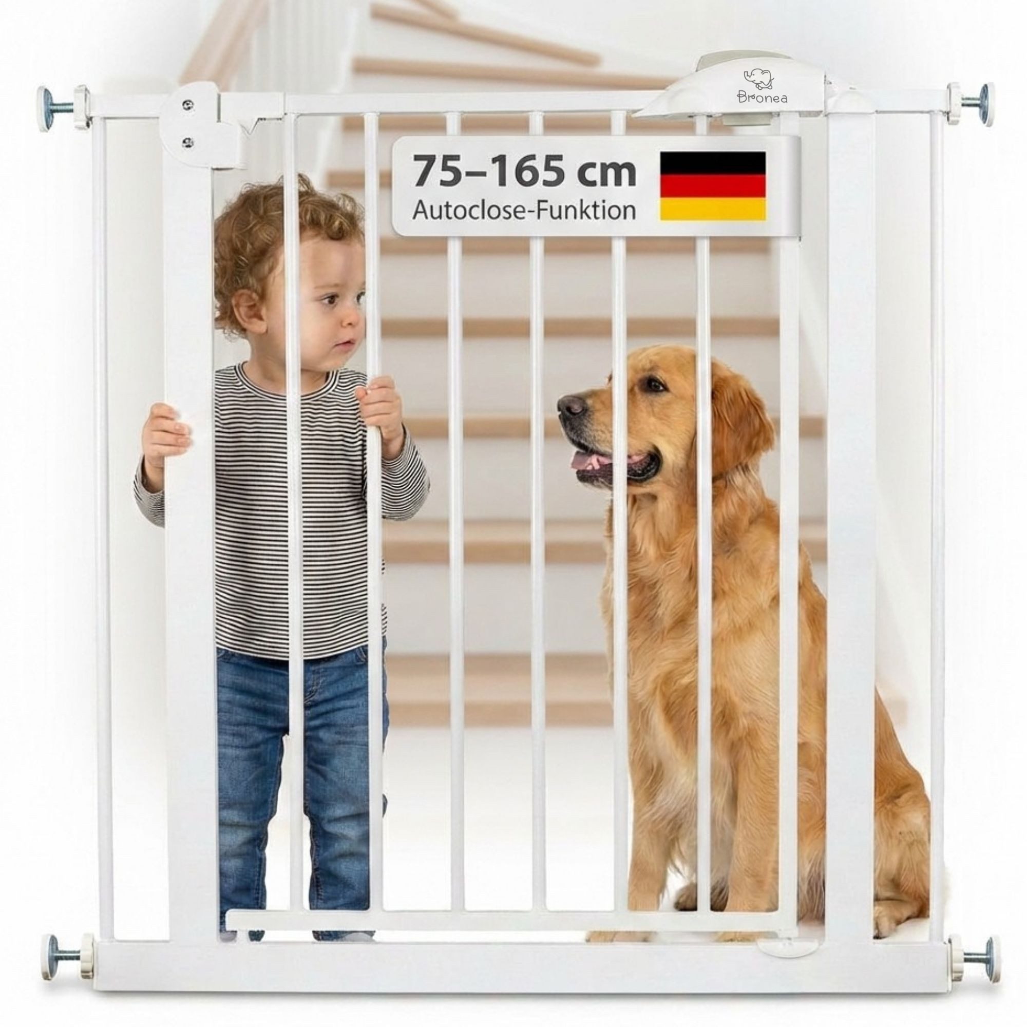 Bronea Treppenschutzgitter CLEO Türgitter ohne Bohren Kinderschutzgitter Treppengitter (zum Klemmen - ohne bohren für Tür & Treppe 75–165 cm verlängerbar, Beidseitig öffnend - Auto-Close - 90° Stopp - 3-Schritt-Sicherung), Entwickelt, Geprüft & Zertifizie