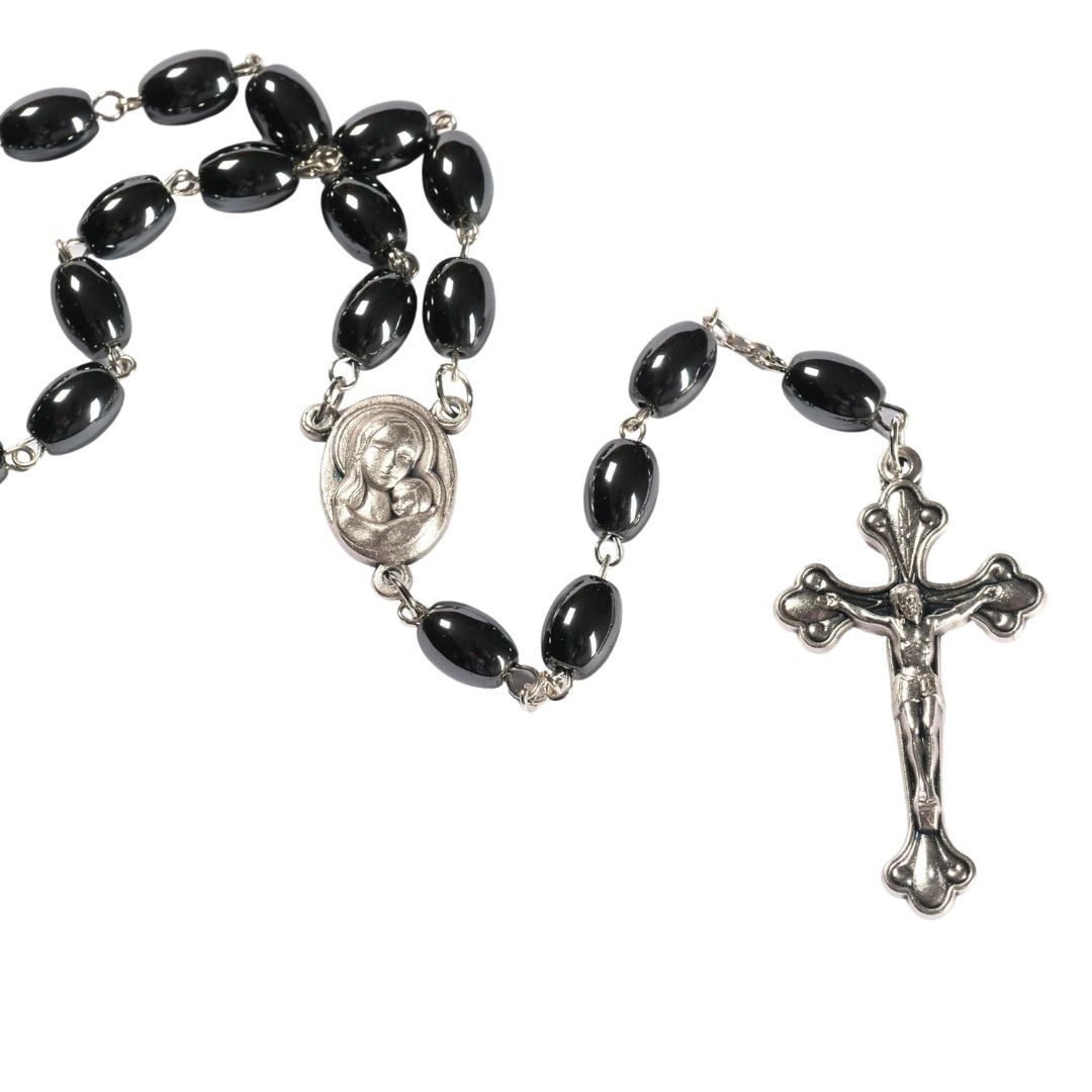 Kassis Geschenkartikel Dekoobjekt Rosenkranz mit ovalen Hämatitperlen, handgemacht, hergestellt in Bethlehem, Gebetskette, Christlicher Schmuck