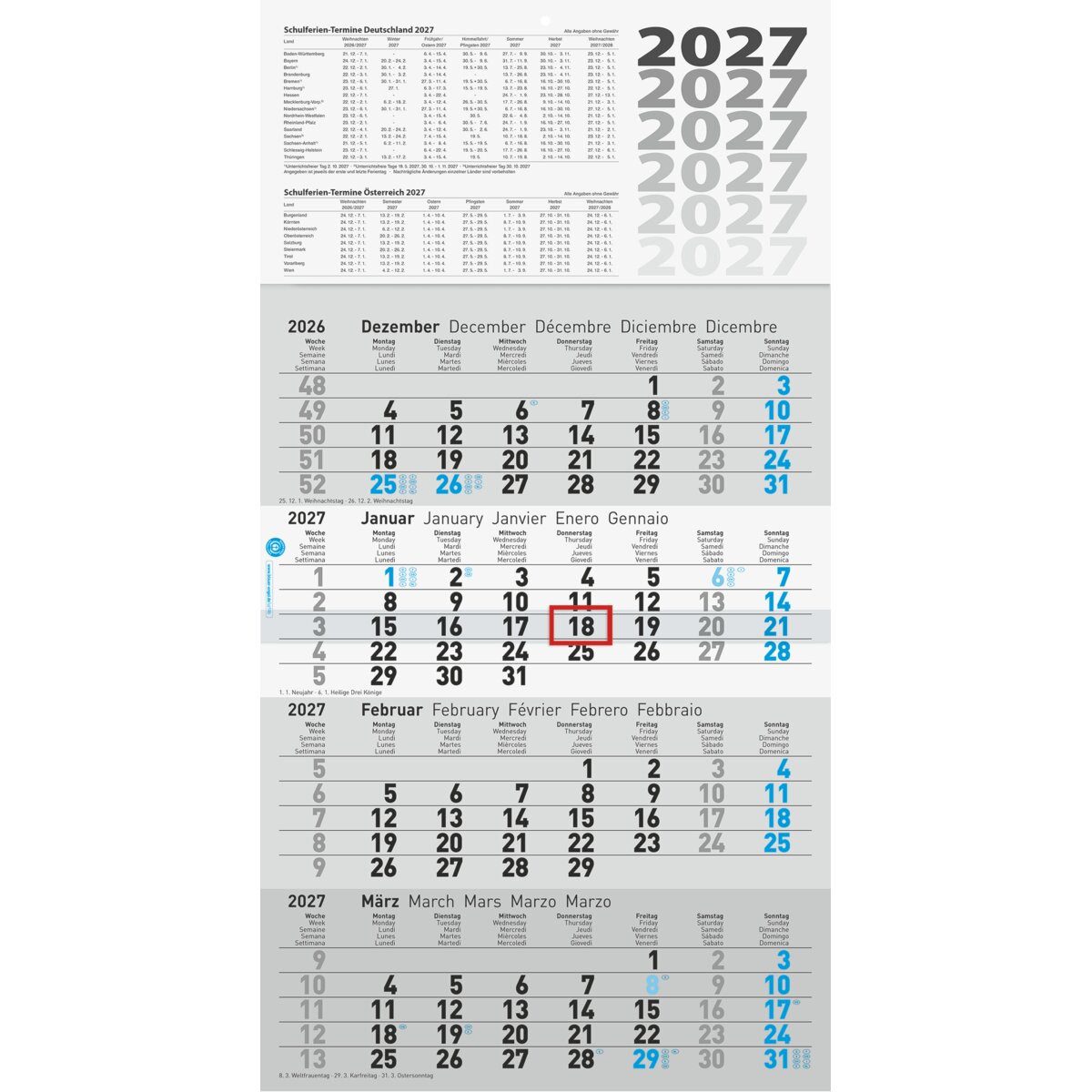 GLOCKEN Wandkalender 4-Monatskalender 4 Monate/1 Seite 30x59cm UWS 2027