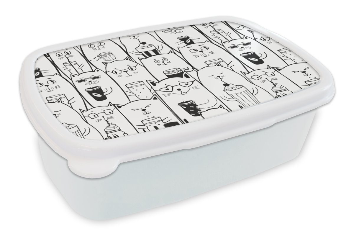 MuchoWow Lunchbox Puber - Katze - Getränk - Muster, Kunststoff, (2-tlg), Brotbox für Kinder und Erwachsene, Brotdose, für Jungs und Mädchen weiß