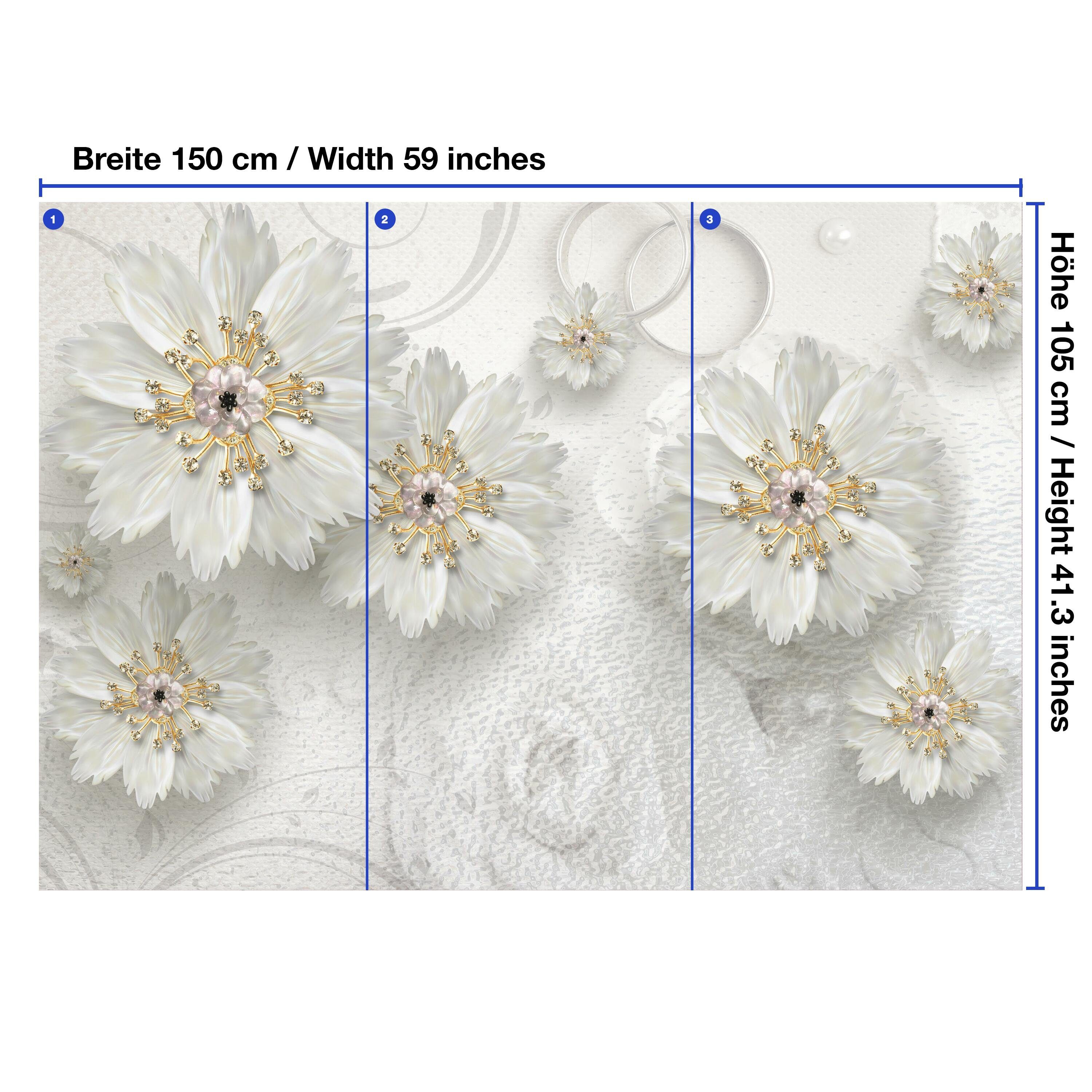 Fototapete matt, wandmotiv24 weiße Ornamente 3D Motivtapete, Vliestapete Wandtapete, Effekt, Blüten glatt,