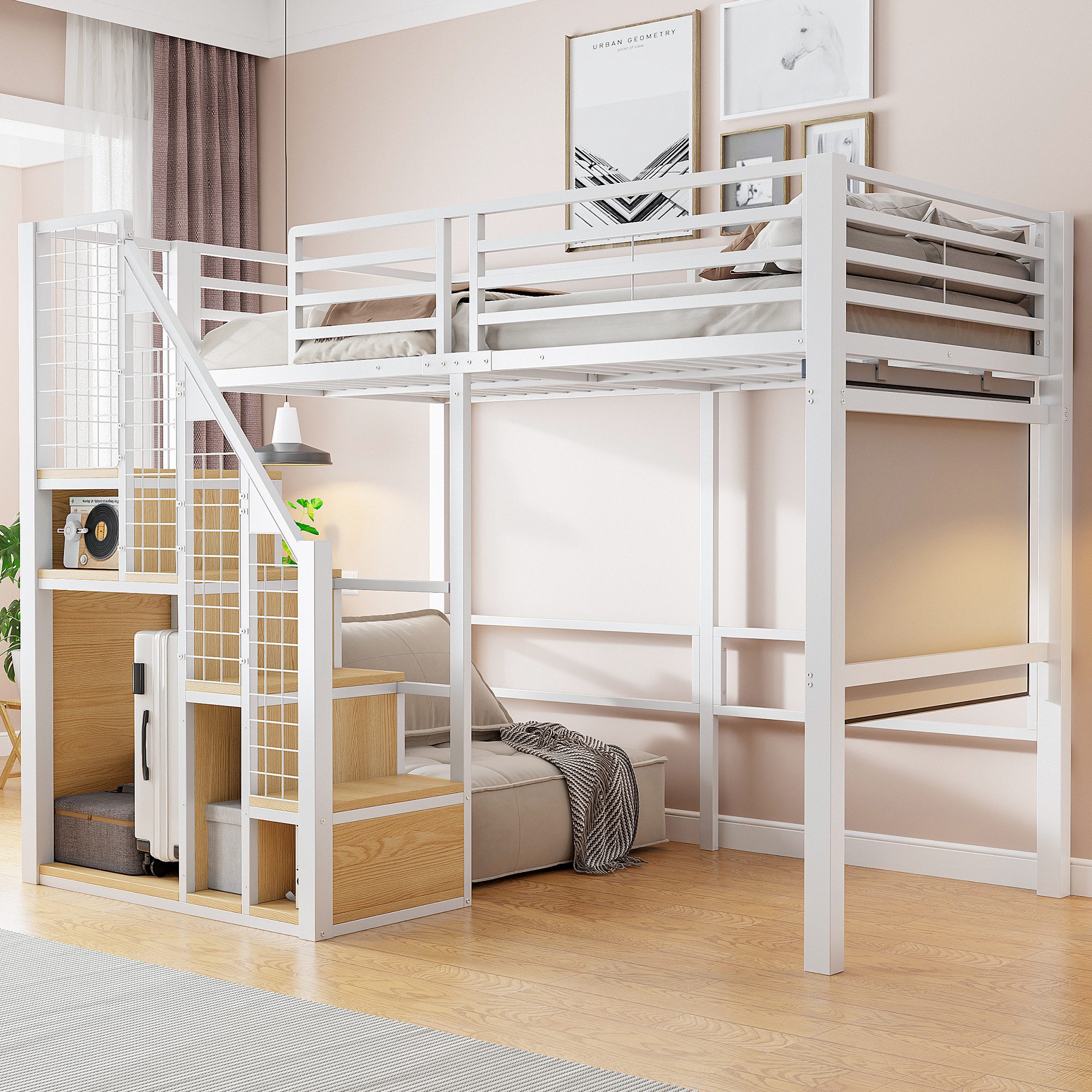 Flieks Hochbett Einzelbett Kinderbett Metallbett 90x200cm mit Stauraumtreppe
