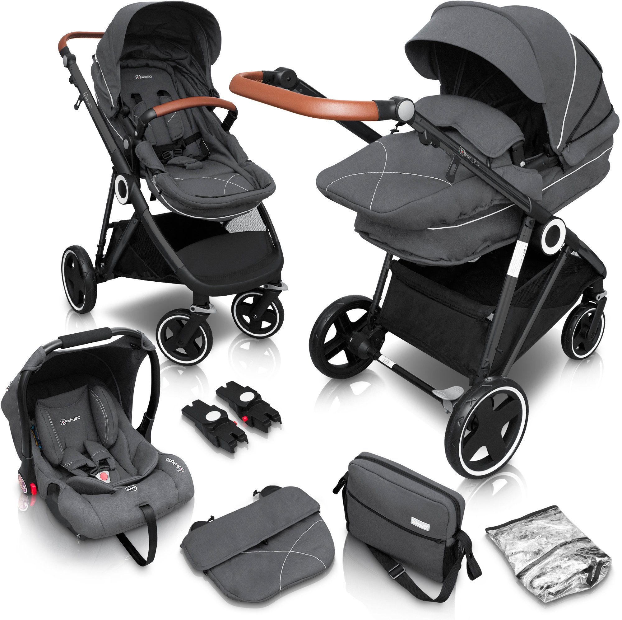 BabyGo Kombi-Kinderwagen Halime 3in1, Grey Black, inklusive Babywanne, Babyschale, Regenhaube & Wickeltasche