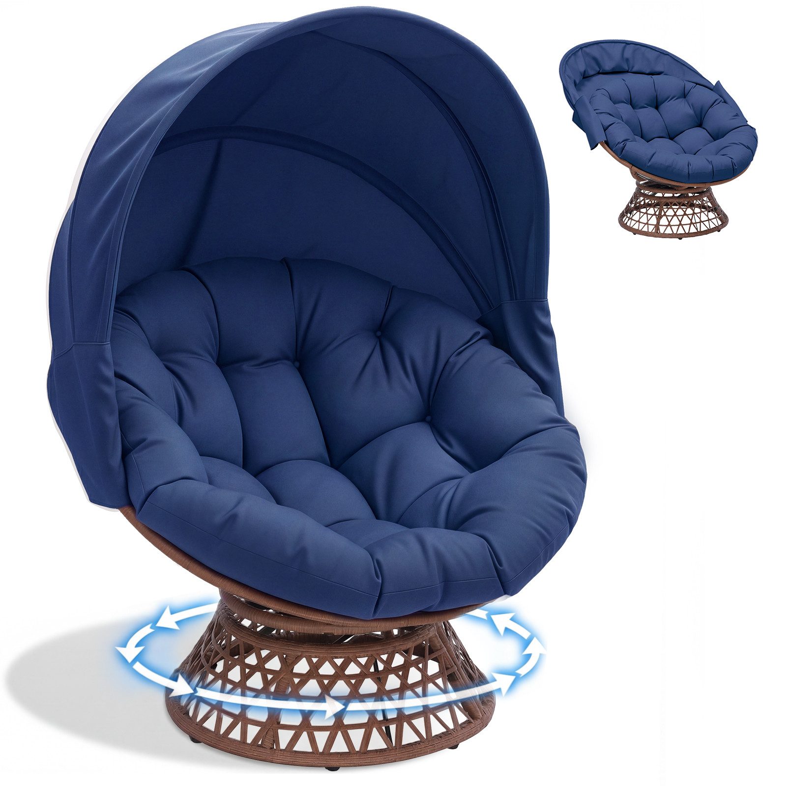 COMHOMA Rattanstuhl Papasansessel Drehsessel mit Kissen rund, Rattansessel, Loungesessel