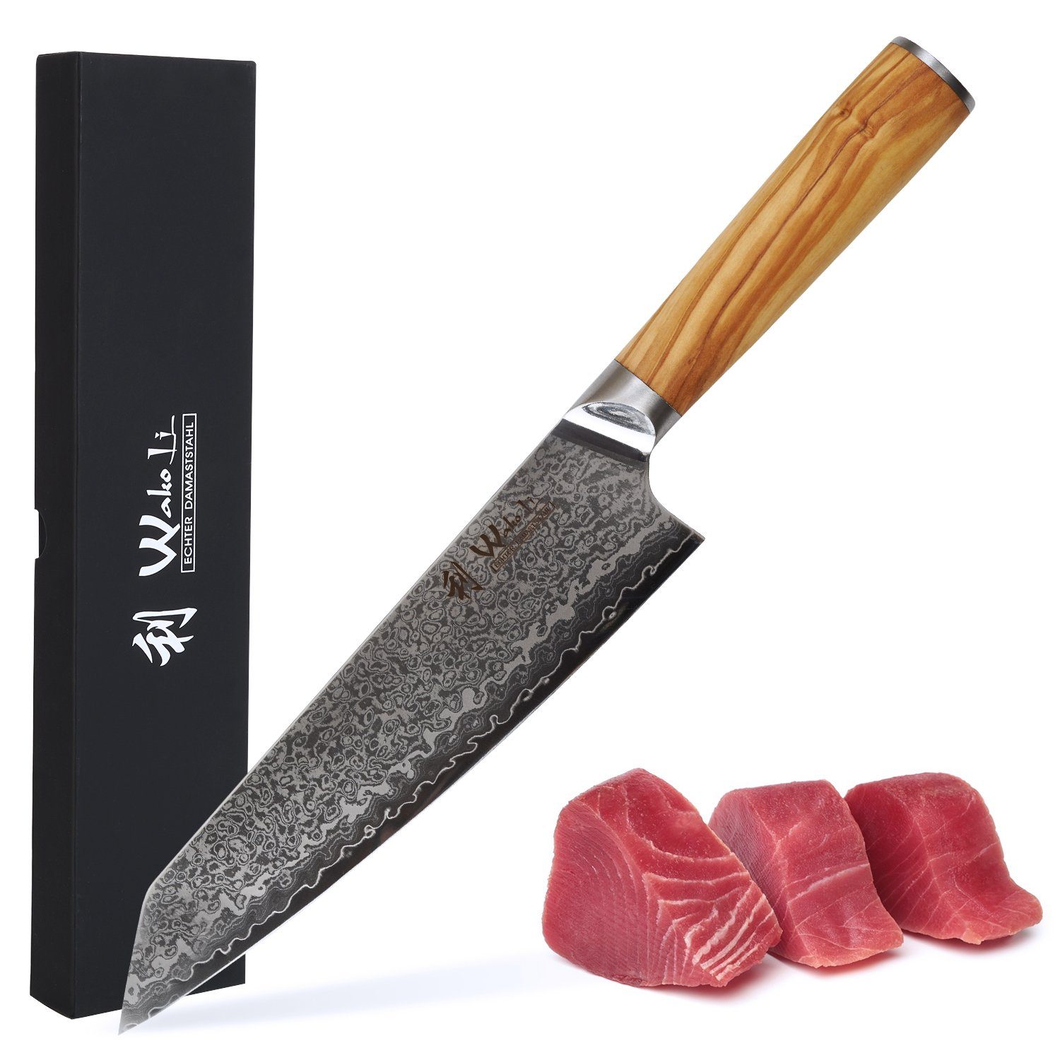 Wakoli Kochmesser Wakoli Oribu Damast Kiritsuke Chefmesser I 20cm Klinge I Olivenholzgri