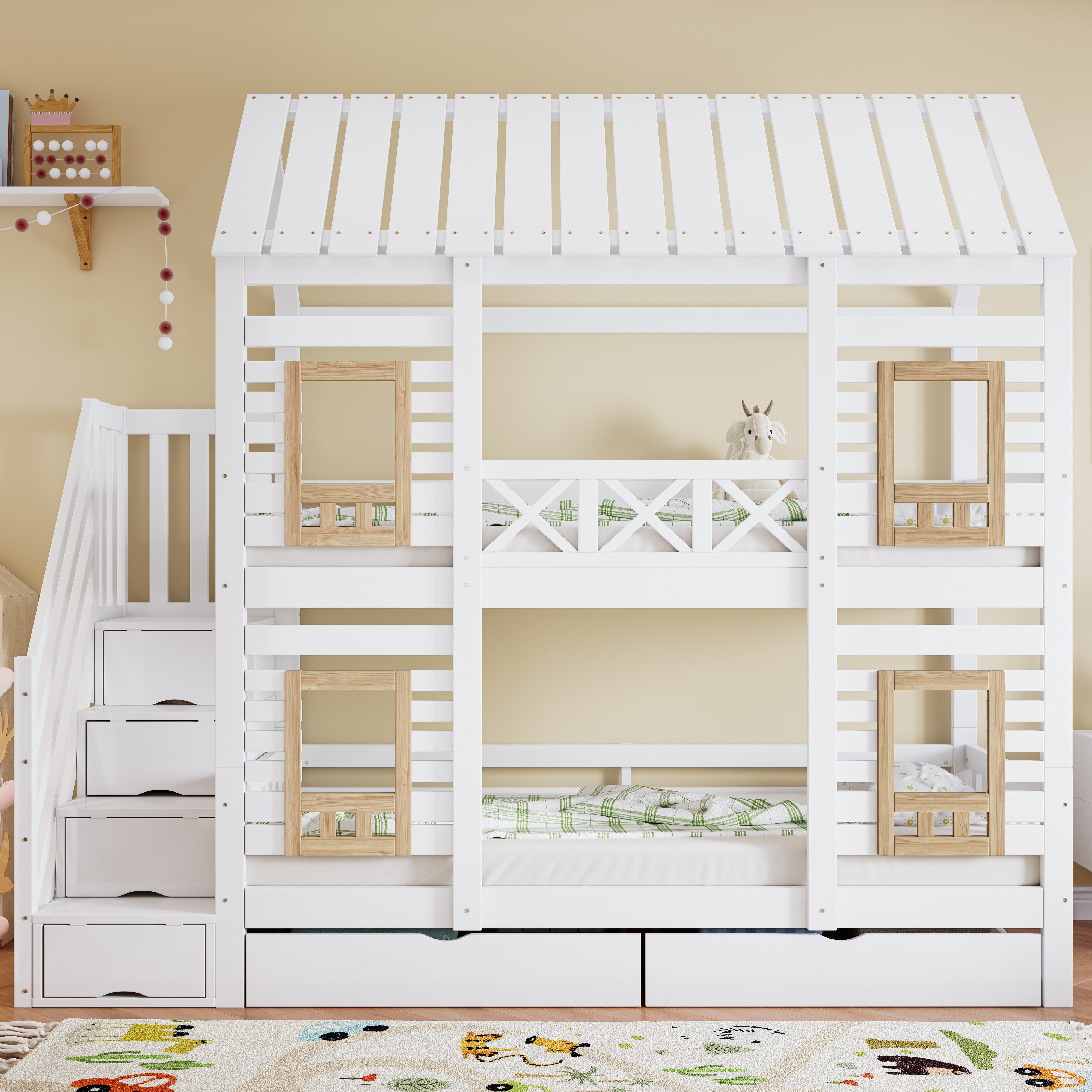 Flieks Etagenbett, Kinderbett Hausbett 90x200cm mit 2 Schubladen und Staura günstig online kaufen