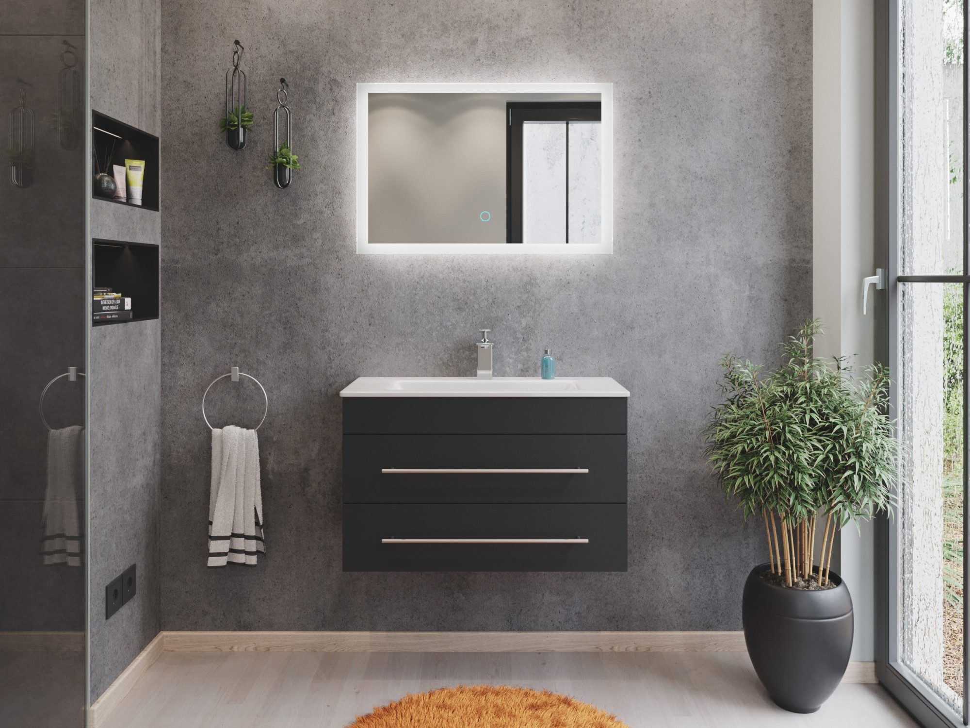 Magnolia Home Badmöbel-Set Badmöbel Mars 800 2-teilig mit LED Spiegel SlimLine grafit