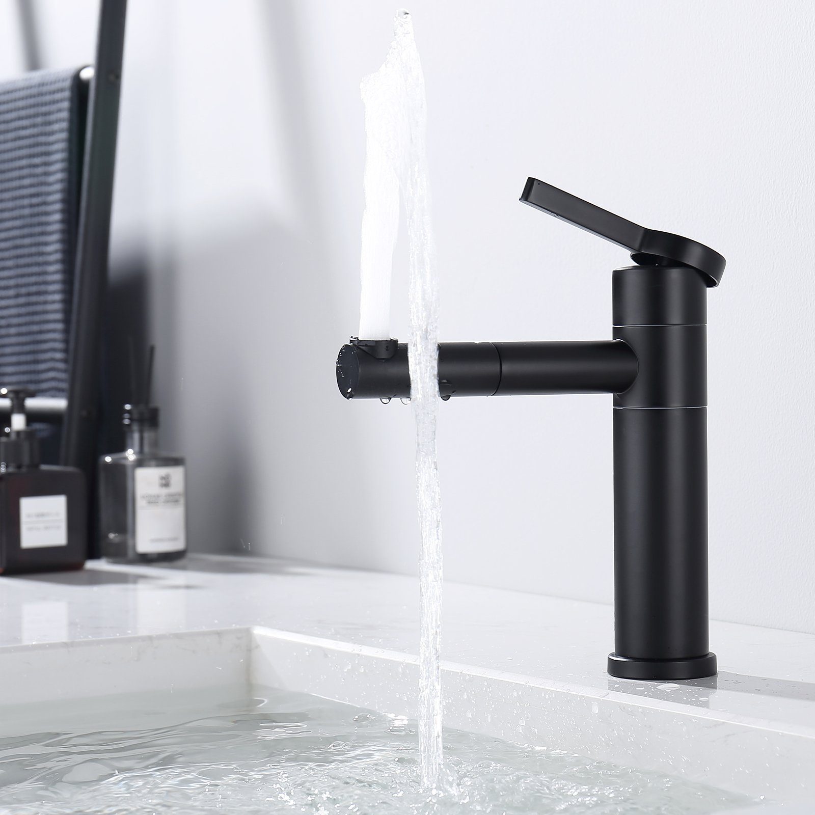 HOMELODY Badarmatur Schwarz Wasserhahn Bad 360° Drehbar Waschtischarmatur Einhebel mit 2 Schläuche Einhebelmischer Waschbecken Armaturen für Bad