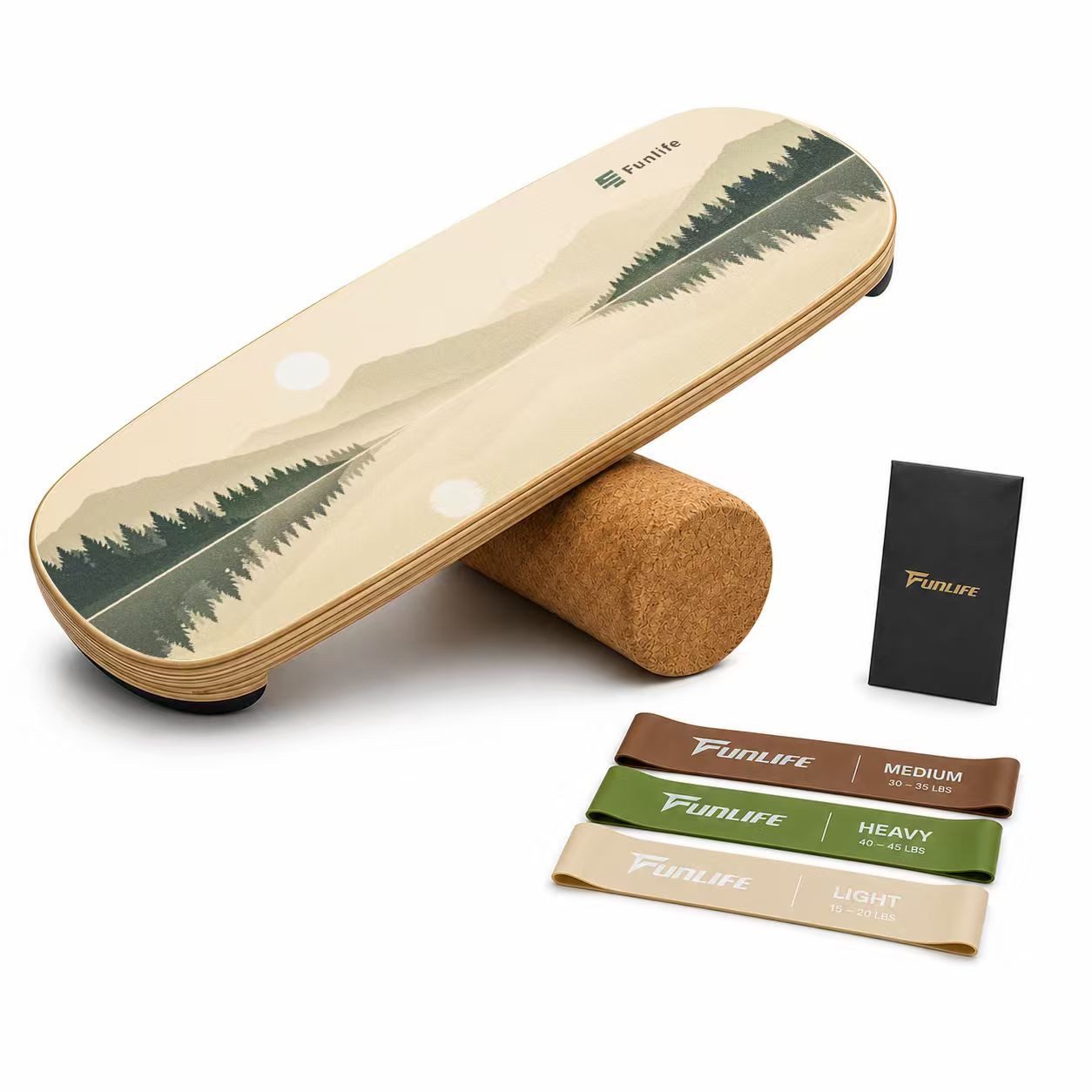 FunLife Balanceboard Design-Edition – einzeln, mit Fitnessbändern oder Balance-Zubehör, Wackelbrett aus Birkenholz mit Korkrolle, bis 150 kg belastbar