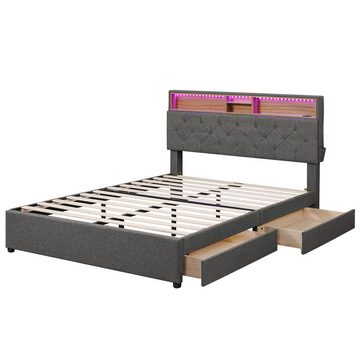 Welikera Bett 140x200cm Doppelbett Stauraum-Kopfteil Funktionsbett mit 2 Schubladen,USB-Ladeport,LED-Licht,Polsterbett,Verstellbares Kopfteil,Grau/Beige