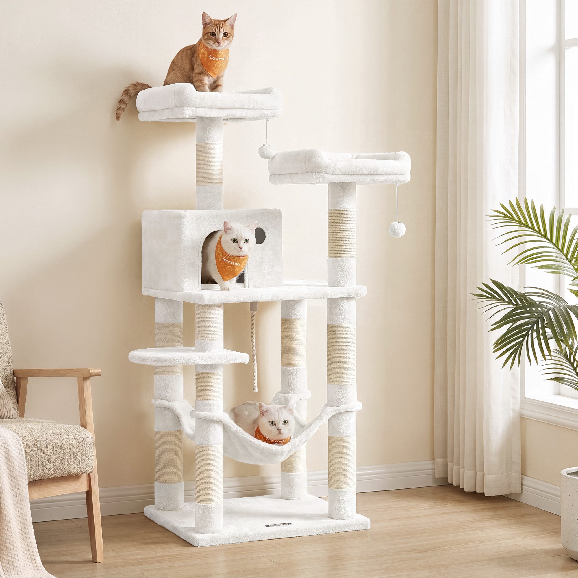 FEANDREA Kratzbaum mehrstöckiges Design, mit Kratzsäulen, 2 Plattformen, 1 Katzenhöhle, 1 Hängematte, Plüsch