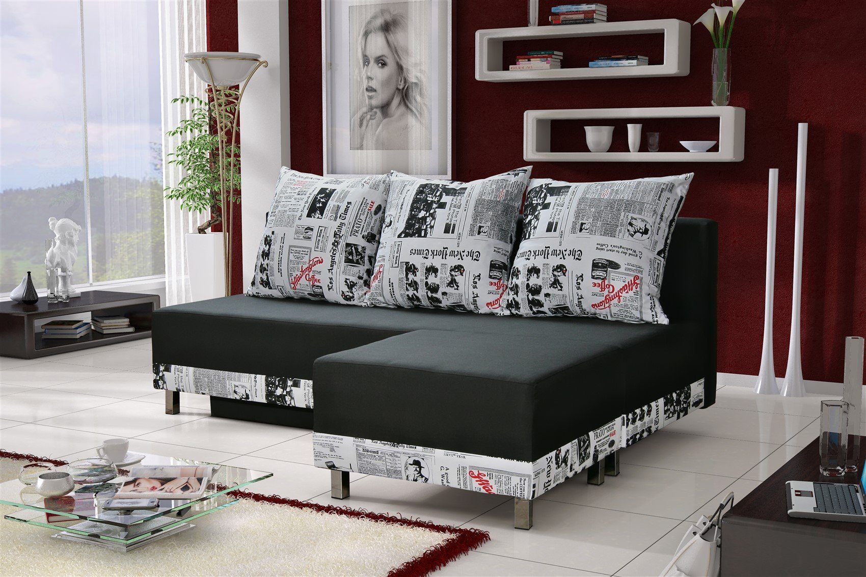 Fun Möbel Kindersofa Schlafsofa Sofa KIRA, inkl. Hocker 70x41x60, mit Bettkasten Weiß/Schwarz