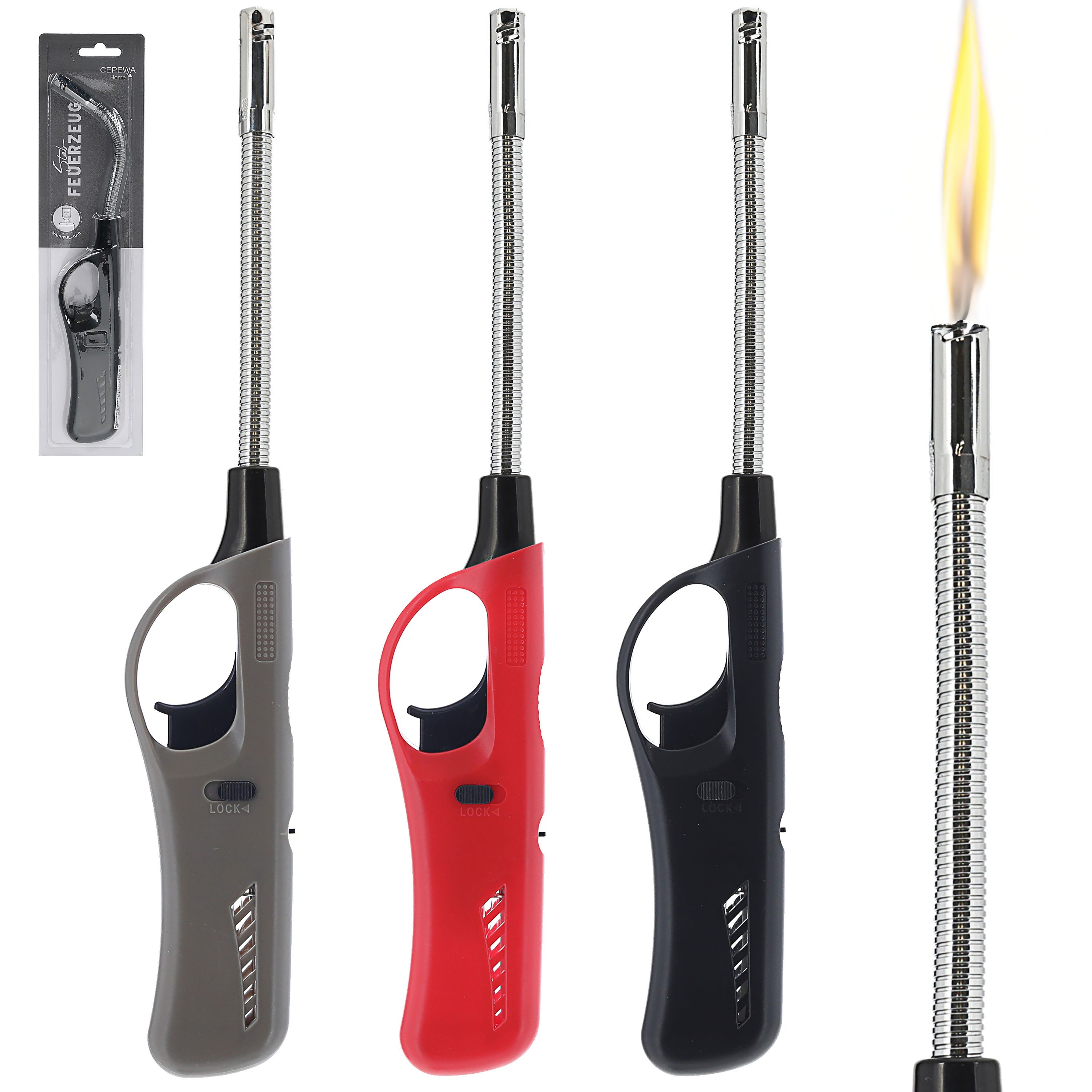 CEPEWA Feuerzeug Stabfeuerzeug 3er Set flexibel 3 Farben ABS Eisen 4,5x27x2cm füllbar