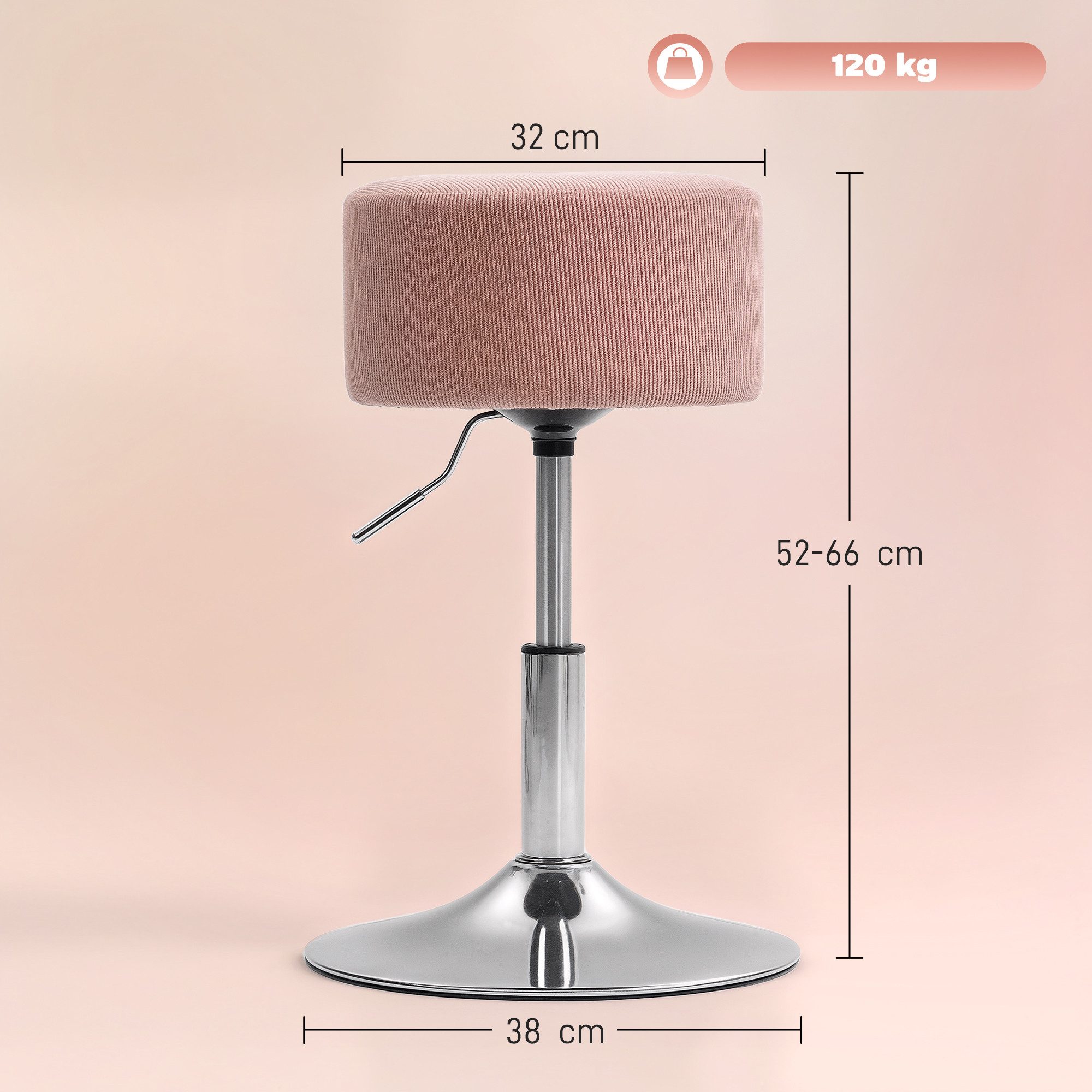 HOMCOM Barhocker mit Metallgestell, Cordoptik, Fußstütze (höhenverstellbar Küchenstuhl, 1 St., gepolstert 360° drehbar Barstuhl), für Küche, Wohnzimmer, Esszimmer Rosa