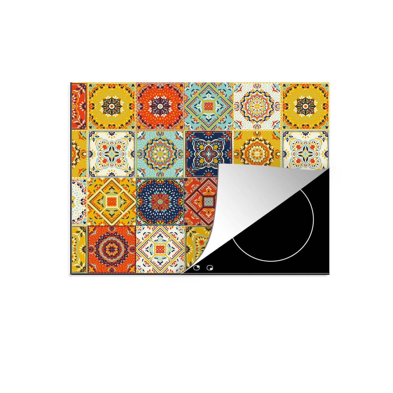 MuchoWow Herdblende-/Abdeckplatte Vintage - Blumen - Muster - Weiß - Orange, Vinyl, (1 tlg), 71x52 cm, Induktionskochfeld Schutz für die küche, Ceranfeldabdeckung