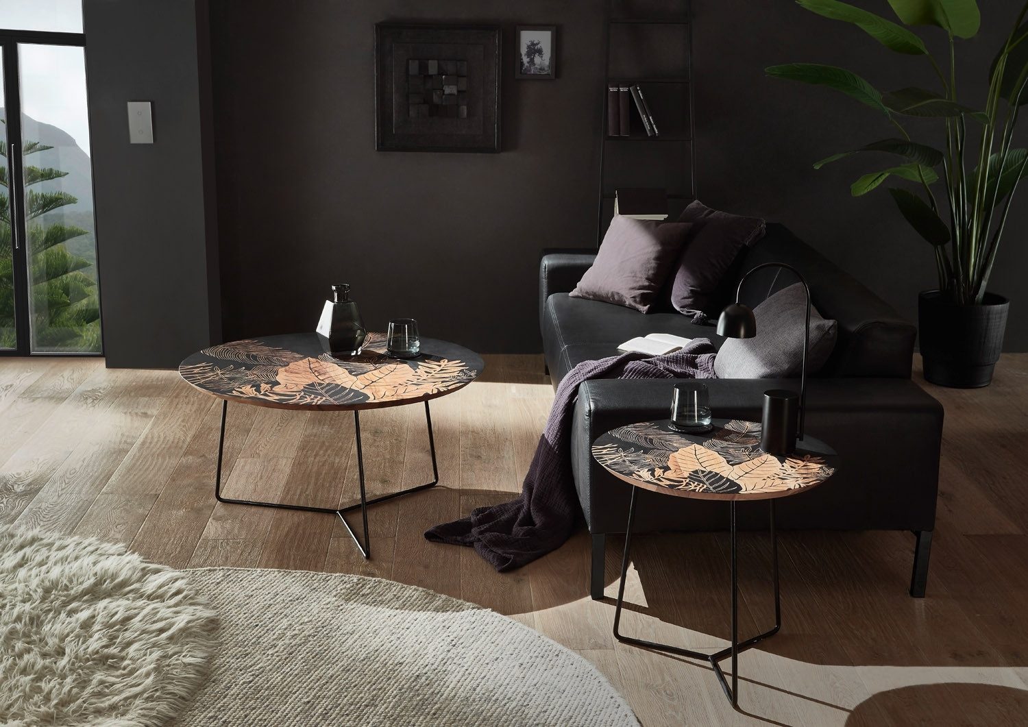 MCA furniture Beistelltisch MIRANDELA, Ø 55 x H 50 cm, Braun, Schwarz, Mangoholz massiv, Metallgestell, Motivdruck