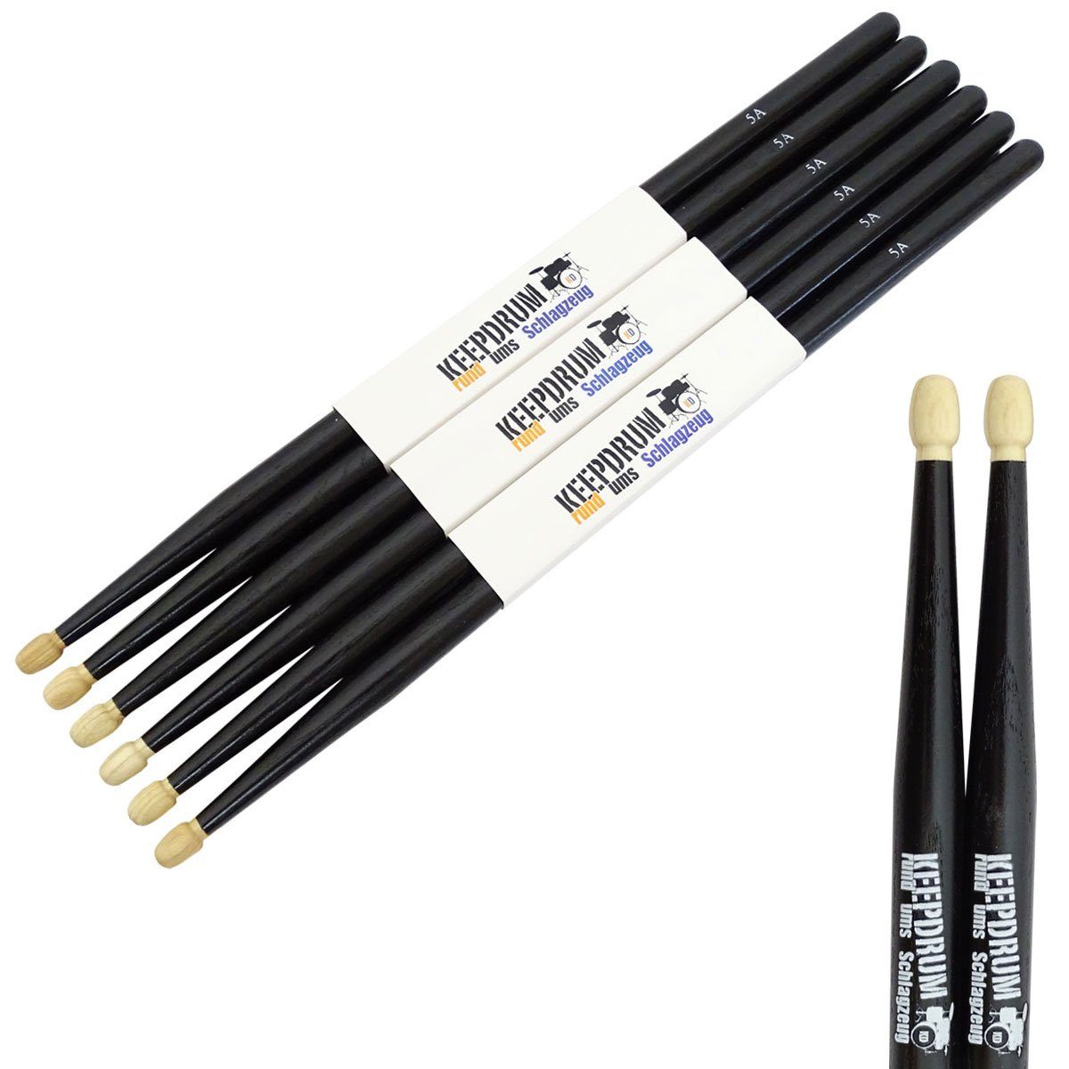 keepdrum Drumsticks keepdrum 5AB Black Hickory Schlagzeugstöcke Schwarz 3 Paar (3 Paar, schwarz), Einen guten Grip und ein angenehmes Spielgefühl