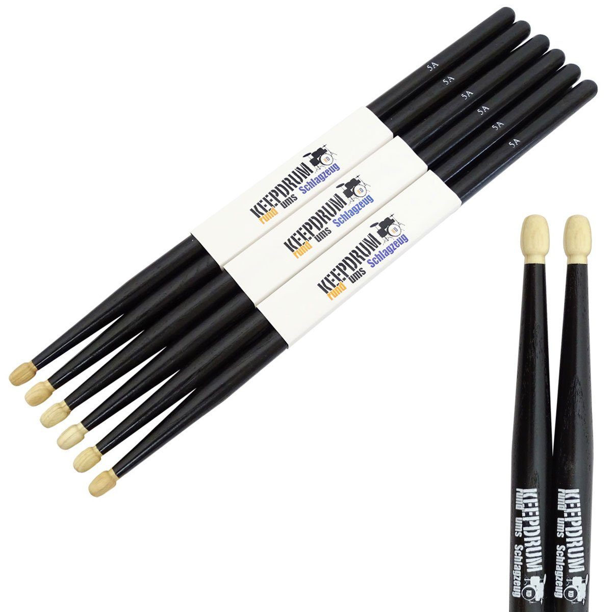 keepdrum Drumsticks 5AB Black (3 Paar, schwarz)