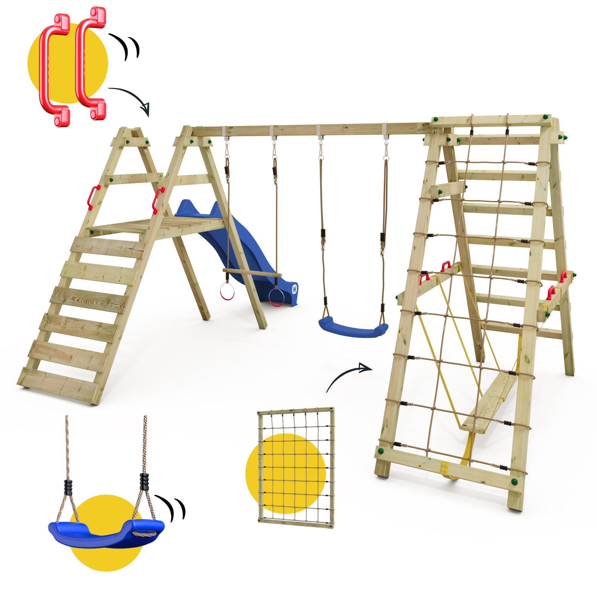 Wickey Doppelschaukel Smart Shake – Kinderschaukel mit Rutsche & Motorik-Modulen, (Holzschaukel - Kompaktes Multitalent mit Zubehör individuell erweiterbar, Gartenschaukel fördert Motorik, Ausdauer & Geschicklichkeit), Wetterfest durch imprägniertes Massivholz mit 10-Jahren Garantie*