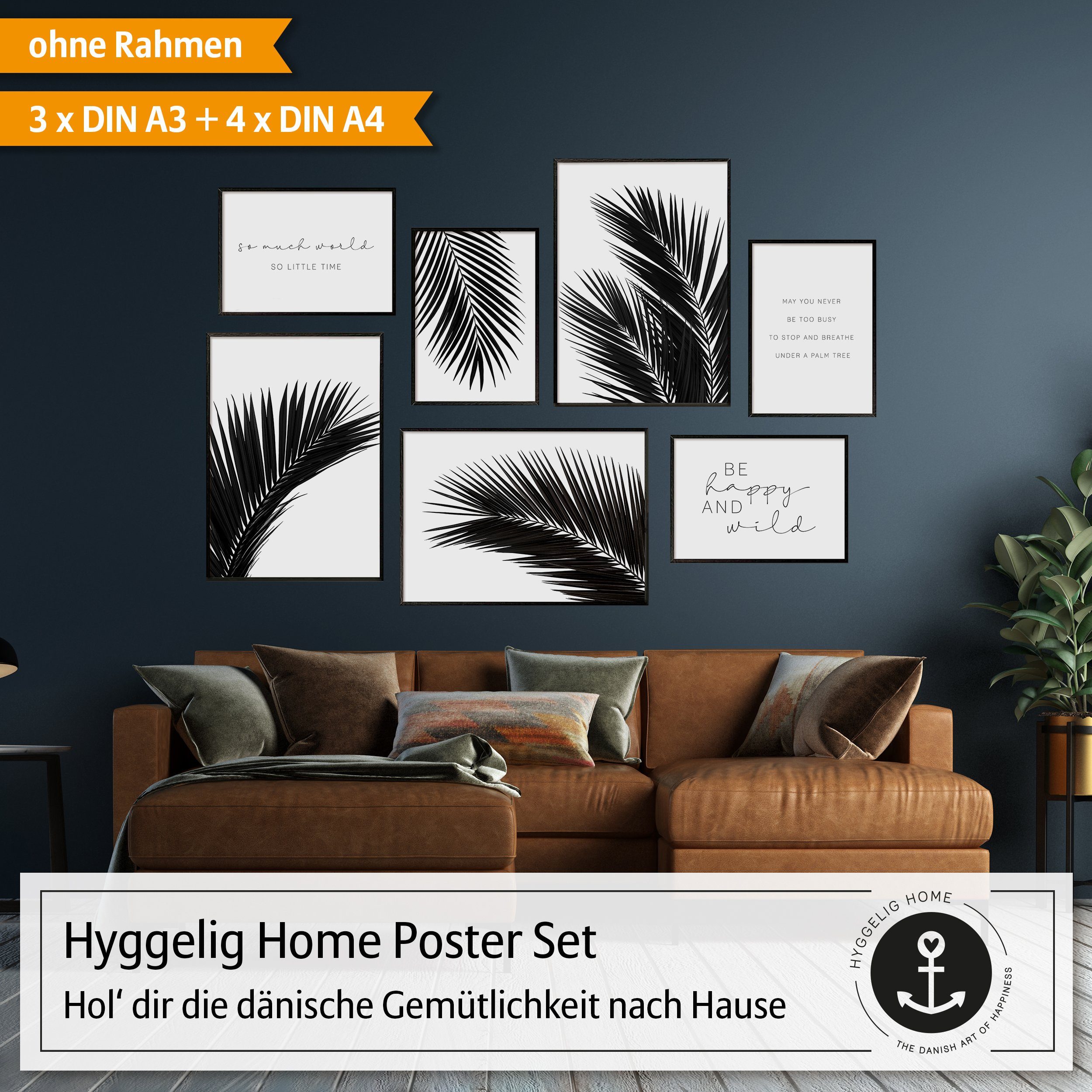 Hyggelig Home Poster Palmenblatt schwarz-weiß, Premium Poster Set OHNE & MIT Rahmen, Bilder, Pflanze (Set, 7 St), Collage be happy, Qualitätsdruck auf dickem Pa – Bild 5 von 5