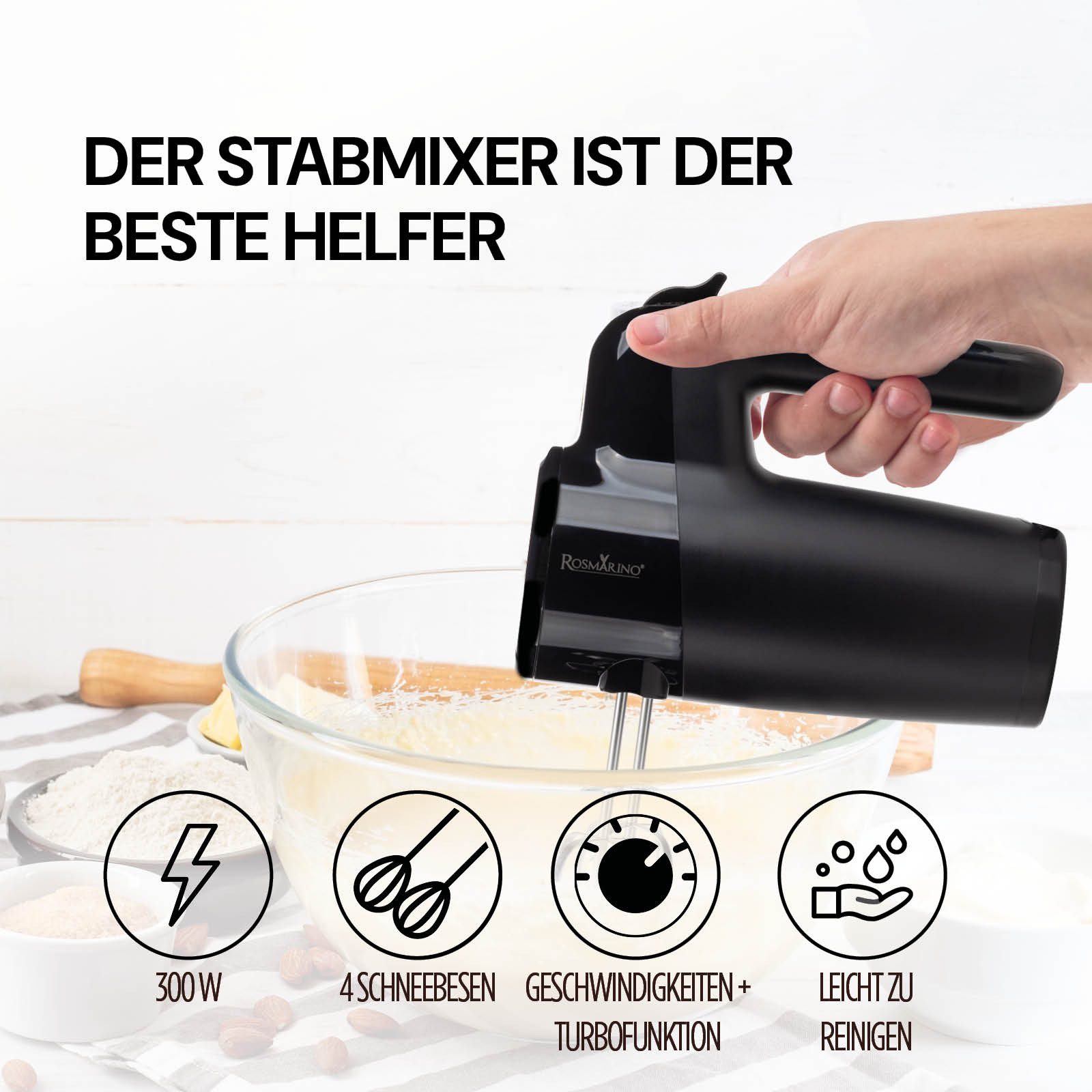 ROSMARINO Handmixer Handrührer: 7 Geschwindigkeiten, Turbofunktion, Edelstahl-Knethaken, 300,00 W