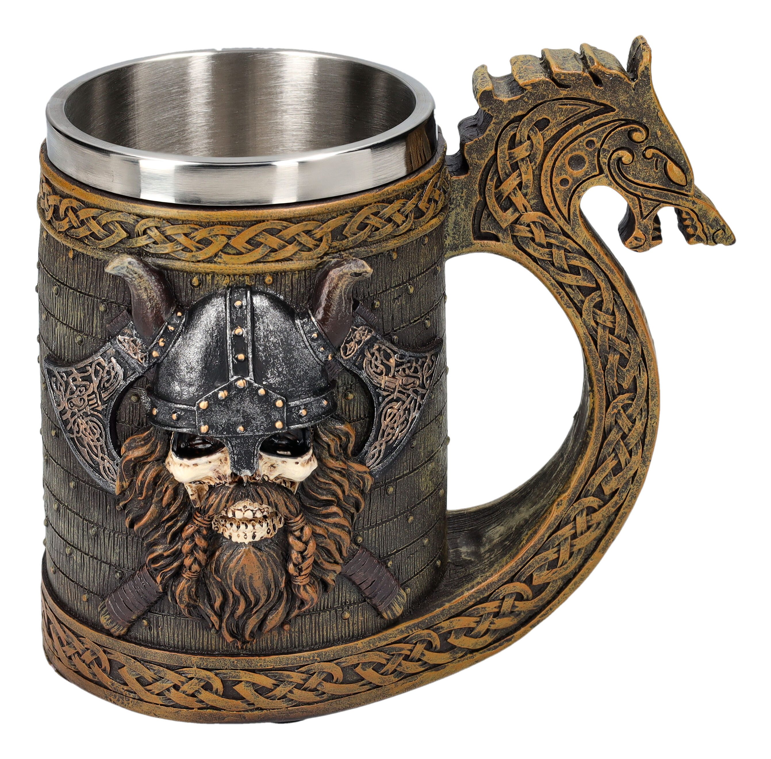 Figuren Shop GmbH Bierkrug Krug Wikinger - Schädel & Drakkar - Bierkrug Wikingerschiff Totenkopf, Kunststein (Polyresin), Edelstahl