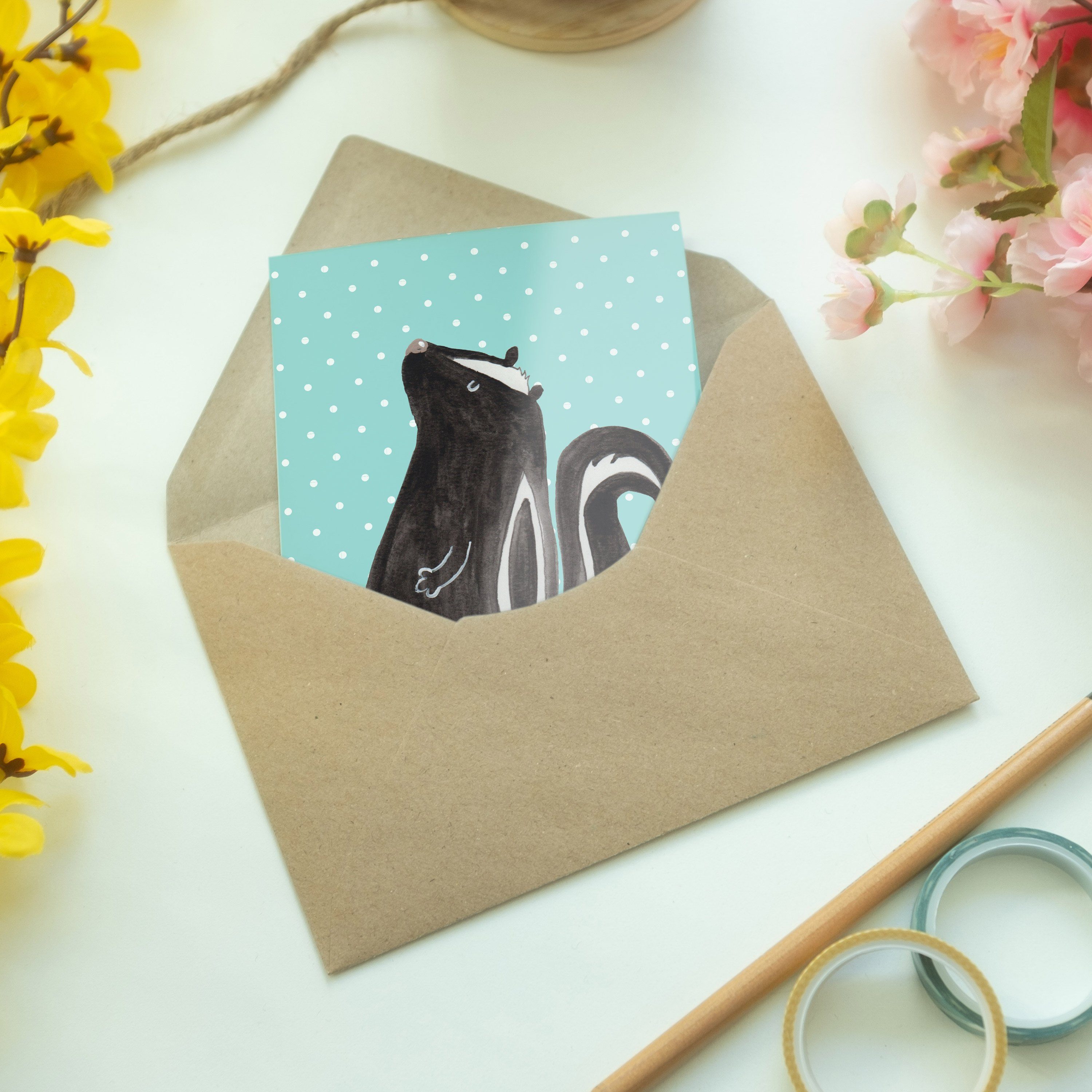 Geburtstagskarte, Panda Mr. Mrs. Pastell Türkis & Stinktier - Skun - sitzend Geschenk, Grußkarte