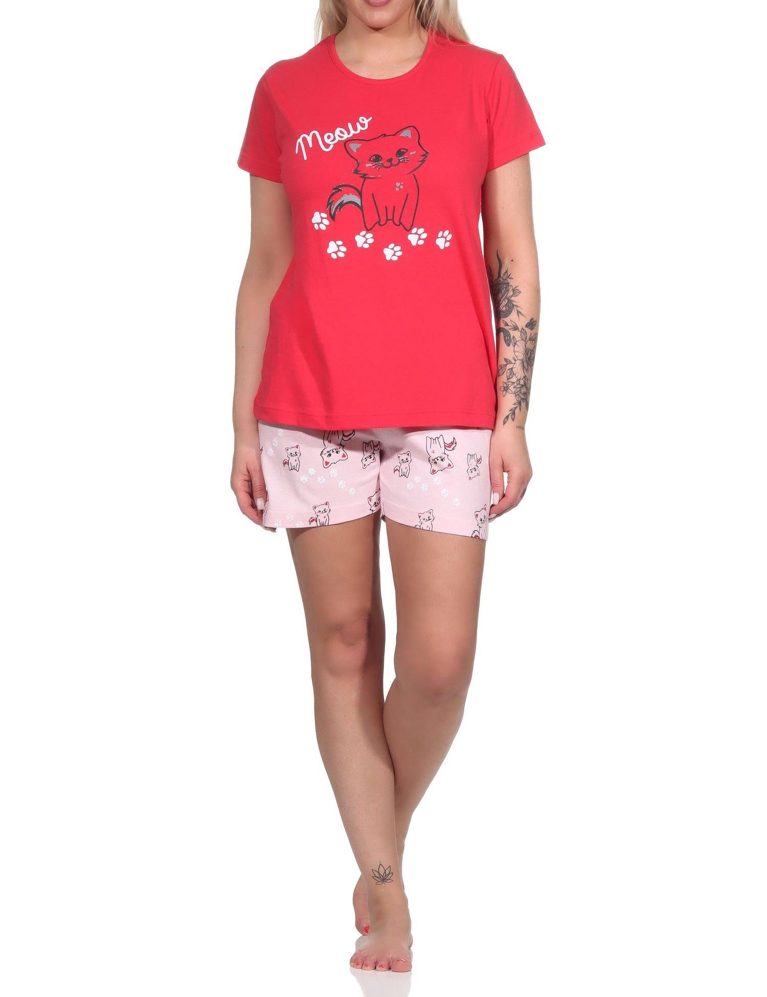 Normann Pyjama Damen Shorty Pyjama, niedlicher Schlafanzug mit Katzen-Motiv -
