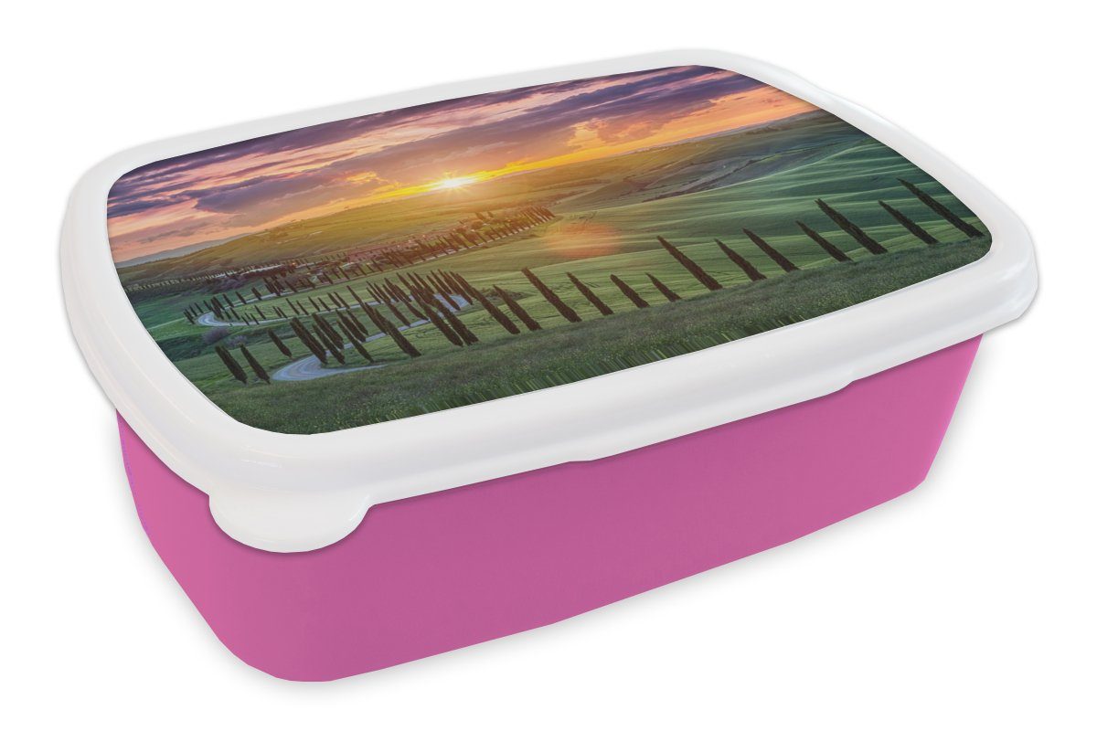 Italien Snackbox, Brotdose (2-tlg), Kunststoff, - Mädchen, Brotbox Erwachsene, Toskana, - Kinder, rosa Sonnenuntergang MuchoWow für Kunststoff Lunchbox