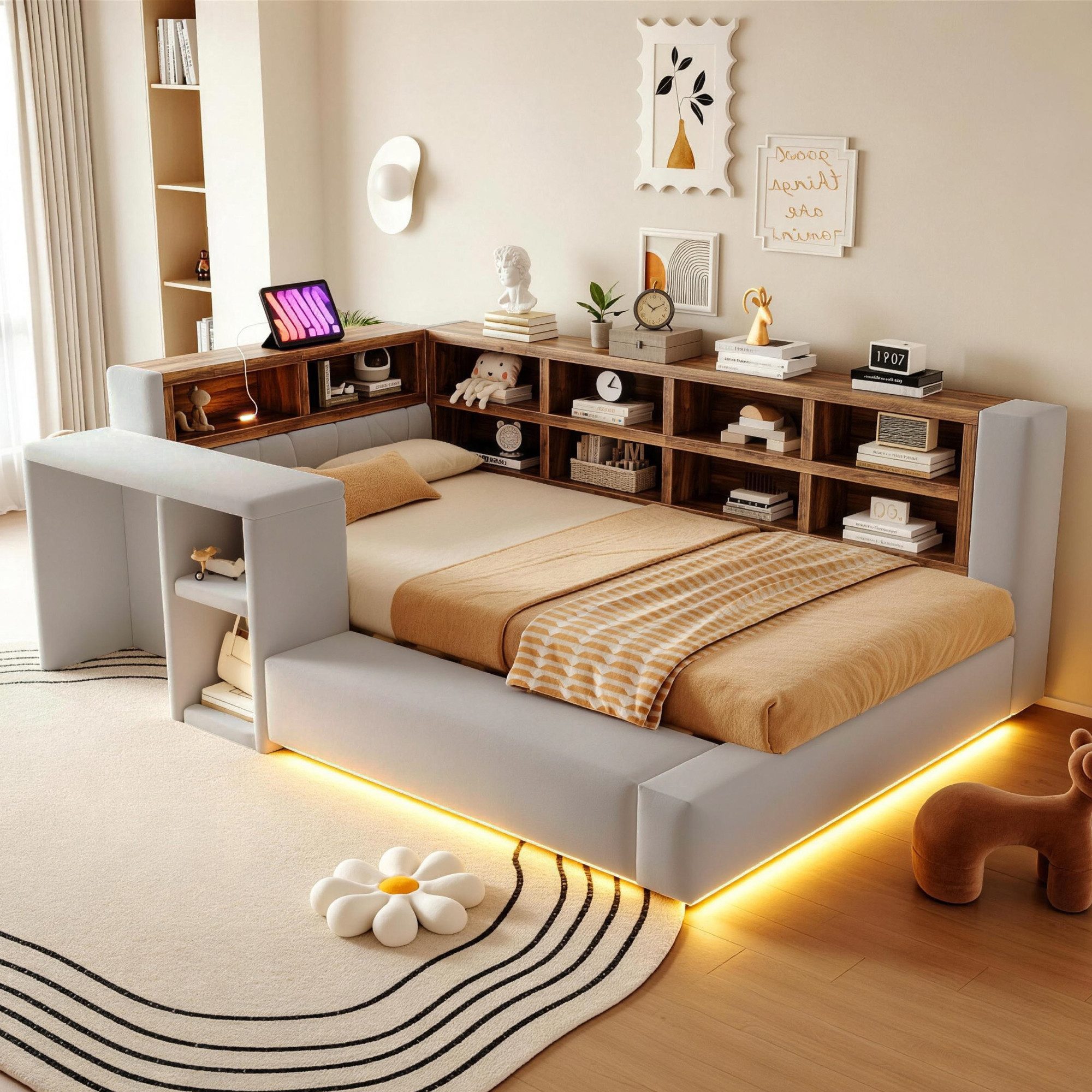 Merax Daybett 90x200cm mit LED-Beleuchtung und Steckdosen (Samt Jugendbett Sofabett Schlafsofa Kinderbett, 1 tlg), Polsterbett mit gepolstertem Kopfteil, Staura – Bild 3 von 5